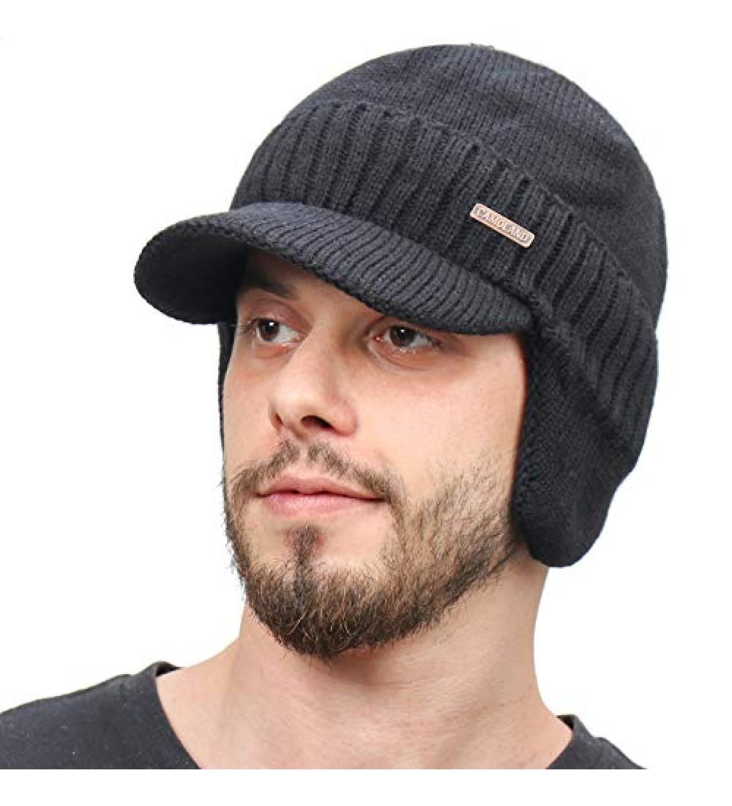 Winter Beanie with Visor & Earflaps for Men - Outdoor Fleece Hat Scarf Set in Black - Buy Online on SooperMarket.com