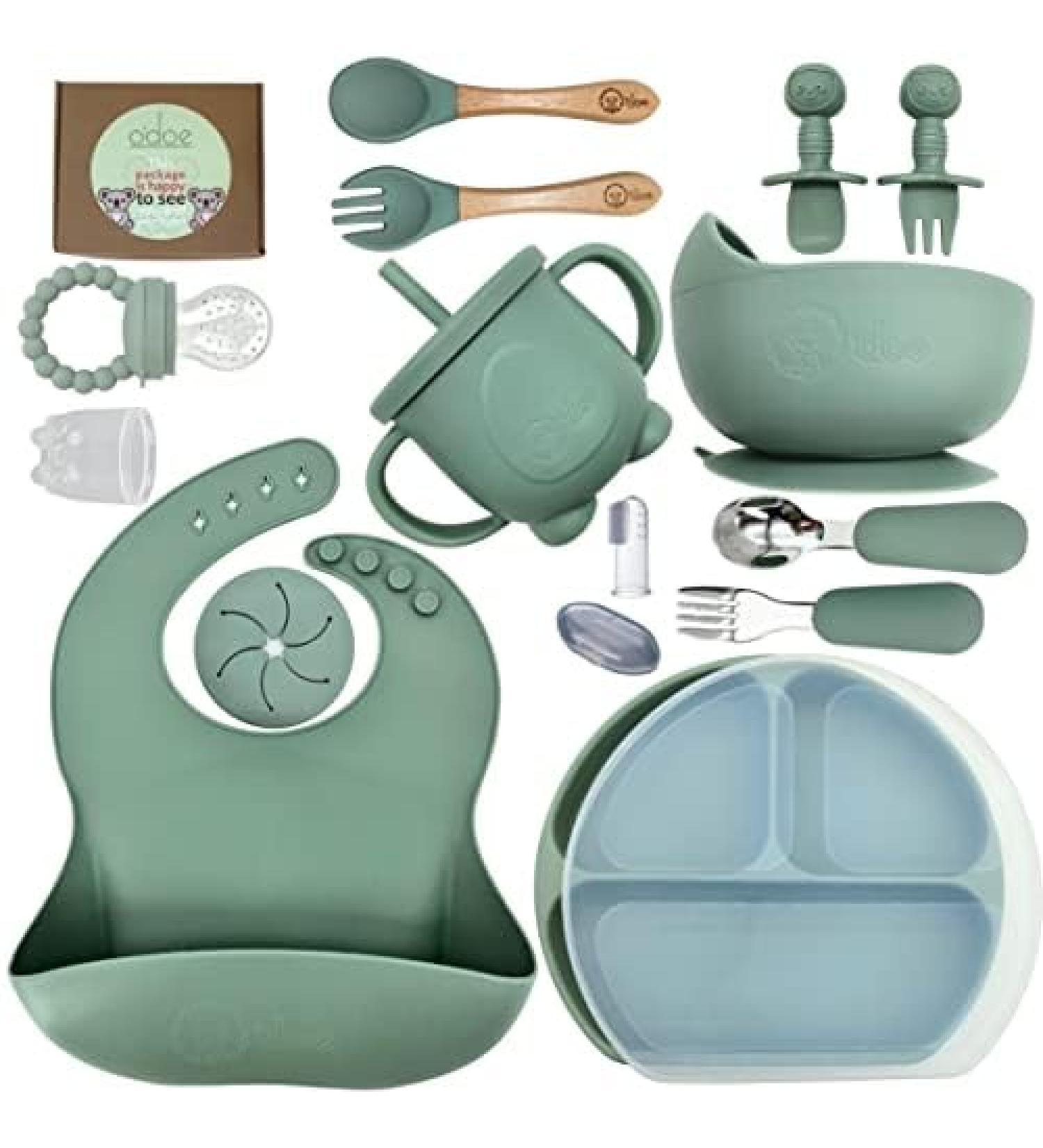 Baby Led Weaning Feeding Supplies - odoe Silicone Baby Feeding Set | Self Eating Utensils, Spoons, Bibs, Plate Kit for Toddlers (Green) - Buy Online on SooperMarket.com