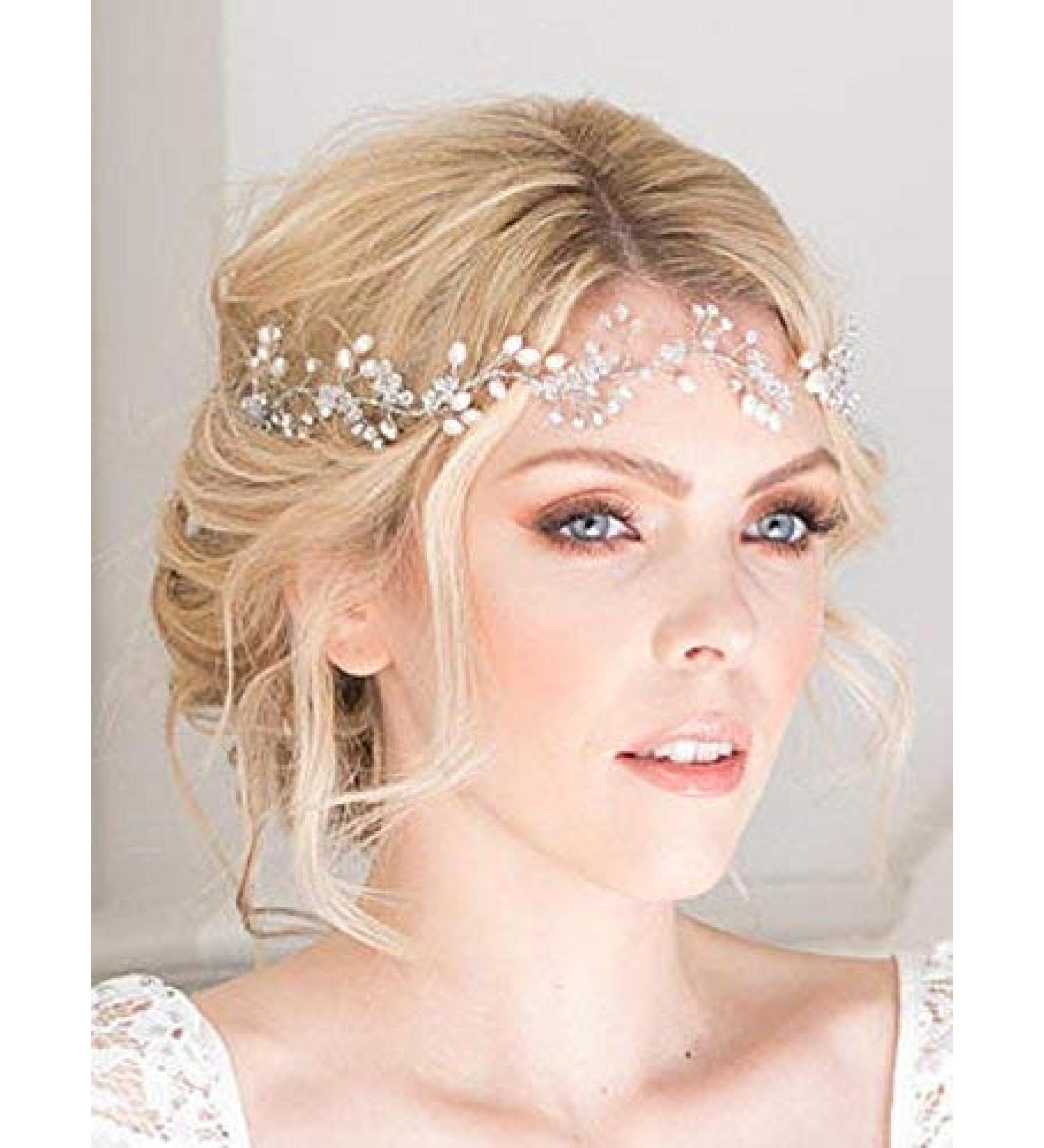 FXmimior Bridal Hair Accessories Crystal Headband Hair Vine Diadem Evening Hair Piece Headpiece Customised Long Piece Wedding Headpiece (silver)