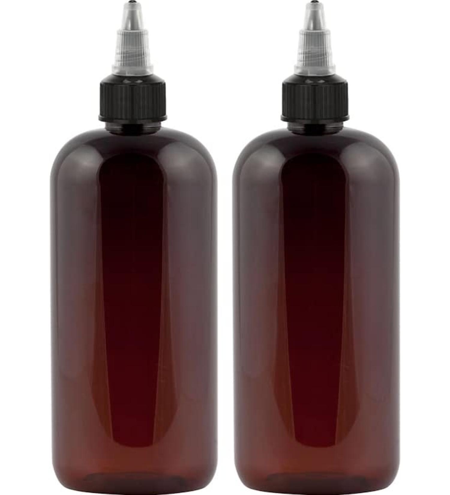BRIGHTFROM Twist Top Applicator Bottles 16 oz - 2 Pack | Round Squeeze Empty Plastic Bottles with Black Nozzle | BPA-Free PET, Refillable, Open/Close Nozzle - Multi Purpose | Amber - Buy Online on SooperMarket.com