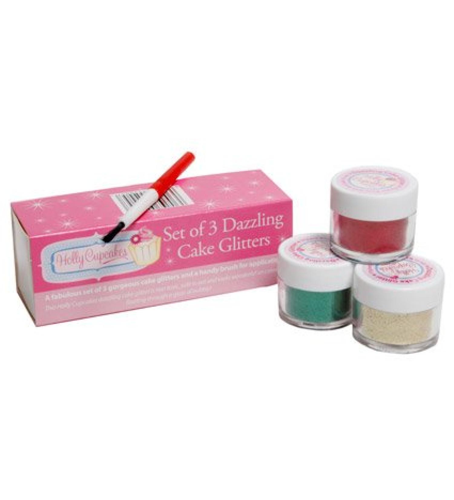 Set of 3 Holly Cupcakes Stunning Sparkly Decorating Glitters with Application Brush: Gold Red and Holly Green - Buy Online on SooperMarket.com