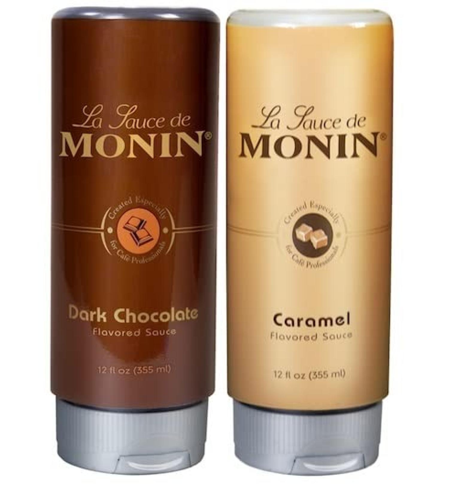 Monin Dark Chocolate and Caramel Sauce 12oz (Pack of 2) with Spreader Brush - Shop Now! - Buy Online on SooperMarket.com