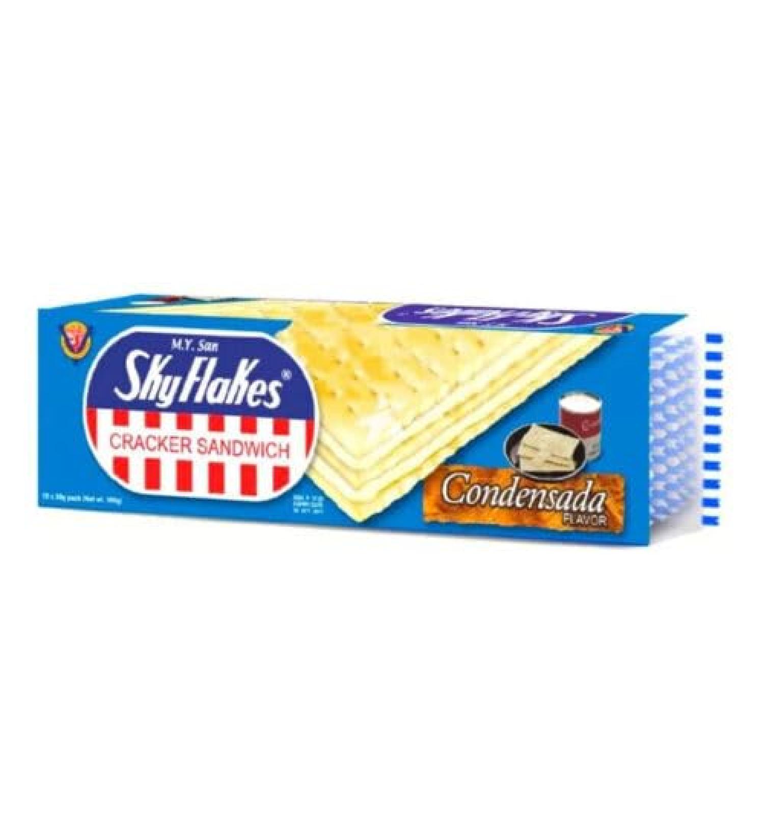 M.Y. San SkyFlakes Crackers Sandwich Cream Filling Filipino Crispy Snacks (10 Pcs) 300g - Sweet Milk Flavour Cream Filling Condensada