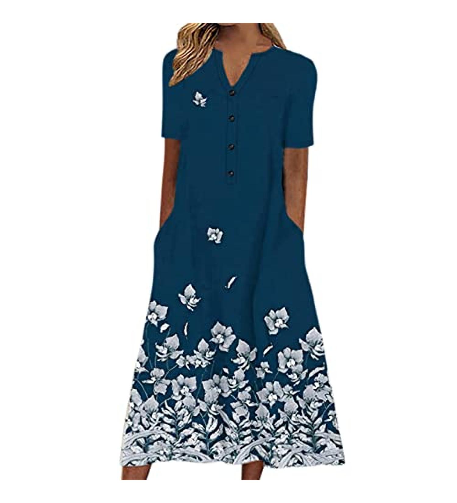 Foldap Women's Boho Floral Summer Dress - O-Neck Casual Print Long Dress with Short Sleeves and Pockets - X-Large (A1-blue) - 2023 Collection - Buy Online on SooperMarket.com