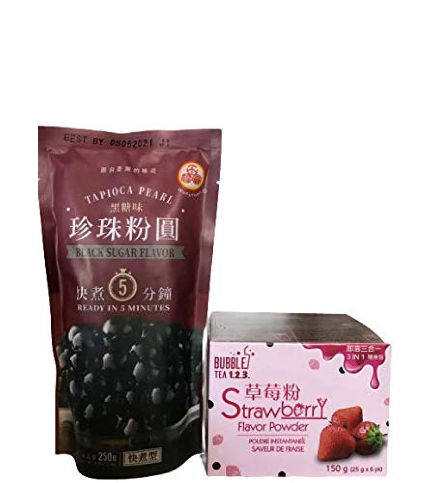 WuFu Yuan Tapioca Boba Pearls (Black Sugar)+ Bubble Tea Instant Mix (Strawberry) - Buy Online on SooperMarket.com