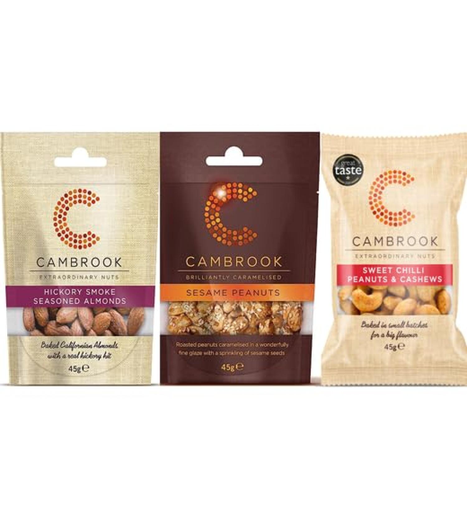 Cambrook | Almonds Hickory Smoke Seasoned 45g | Peanuts Caramelised Sesame Seeds 45g | Sweet Chilli Peanuts & Cashews 45g by Food Sanctuary - Buy Online on SooperMarket.com