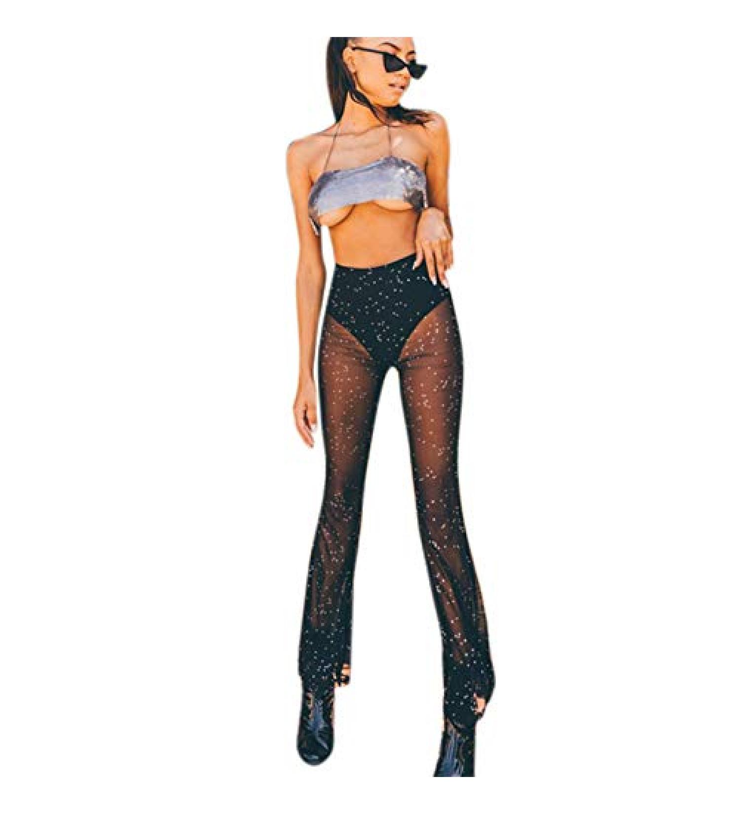 Women's Mesh Sheer Flared Bell Bottom Pants - Medium Black | Dance Festival Clubwear - Buy Online on SooperMarket.com