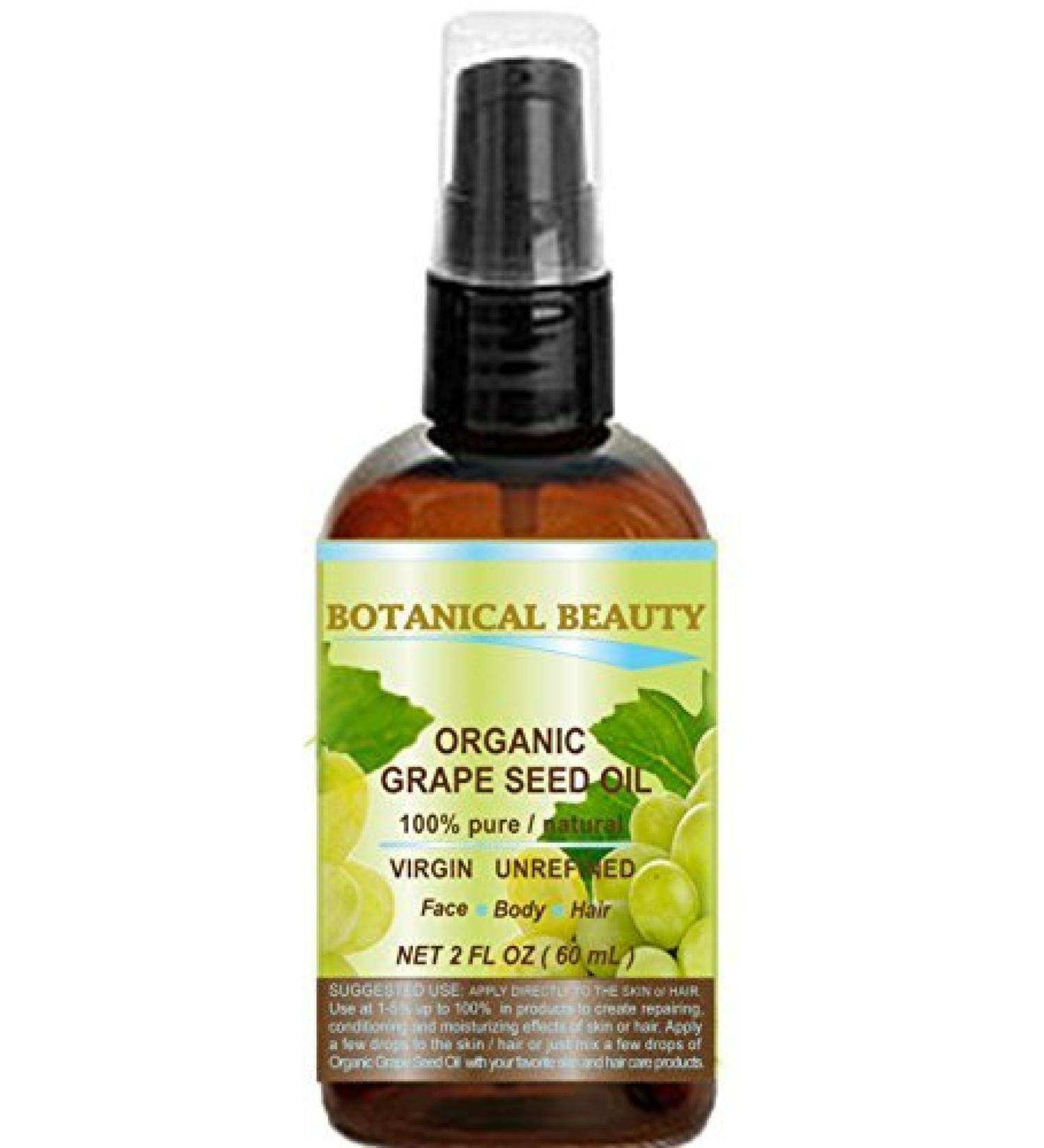 Botanical Beauty GRAPE SEED Oil Pure Natural Undiluted Virgin Unscented Cold Pressed Carrier Oil for Face Skin Hair Massage and Nail Care. 2 Fl. oz- 60 ml