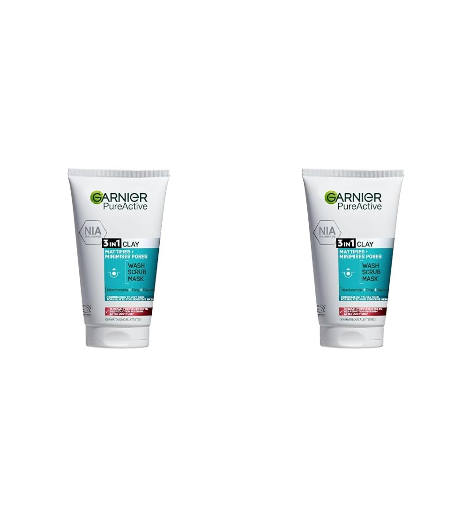 Garnier Pure Active 3in1 Clay Mask-Wash-Scrub 150ml With Clay Eucalyptus & Salicylic Acid Face Cleanser For Oily Skin Packaging May Vary (Pack of 2) 1.2 l (Pack of 2) 3in1 Clay Mask Scrub - Buy Online on SooperMarket.com