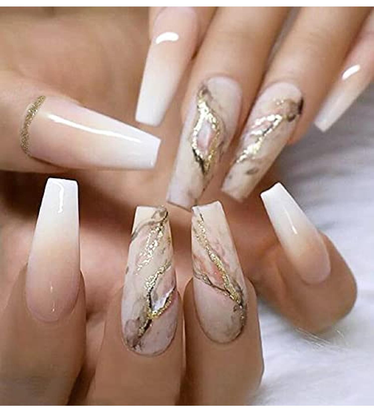 Brishow Long Ballerina Press On Nails - 24 Pink Gradient Acrylics with Gold Foils for Women & Girls - Buy Online on SooperMarket.com