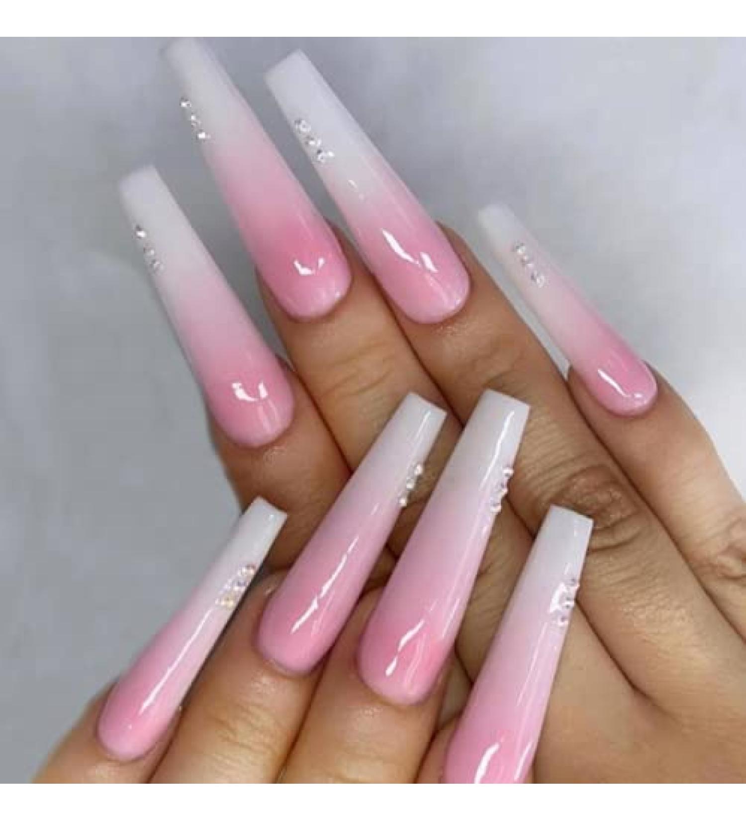 Ombre Pink Press on Nails with Rhinestone Gradient - 24Pcs Super Long Square Coffin False Nails for Women and Girls - Buy Online on SooperMarket.com