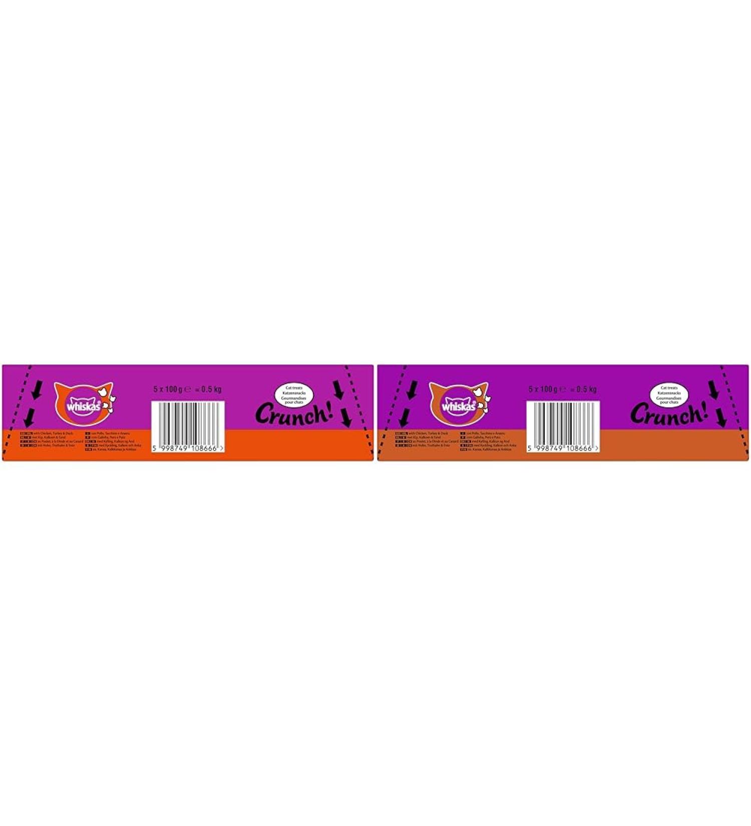 Whiskas crunch for cats- delicious cat snack with chicken turkey and duck taste- suitable for every age group- 5-way pack of 100g (pack with 2) crunch chicken turkey and duck 5x100g (pack with 2)