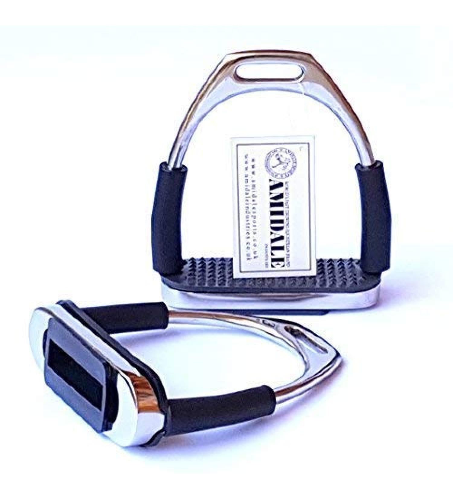 Amidale Flexi Safety Stirrups Horse Riding Bendy Irons Stainless Steel Black Treads 4.5 Inches