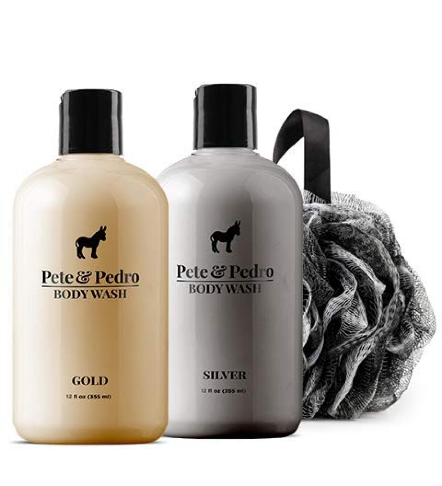 Pete & Pedro Gold & Silver Body Wash Set - Premium Men's Leather & Cool Water Scented Bodywashes with Loofah - 12 oz. Each - Buy Online on SooperMarket.com