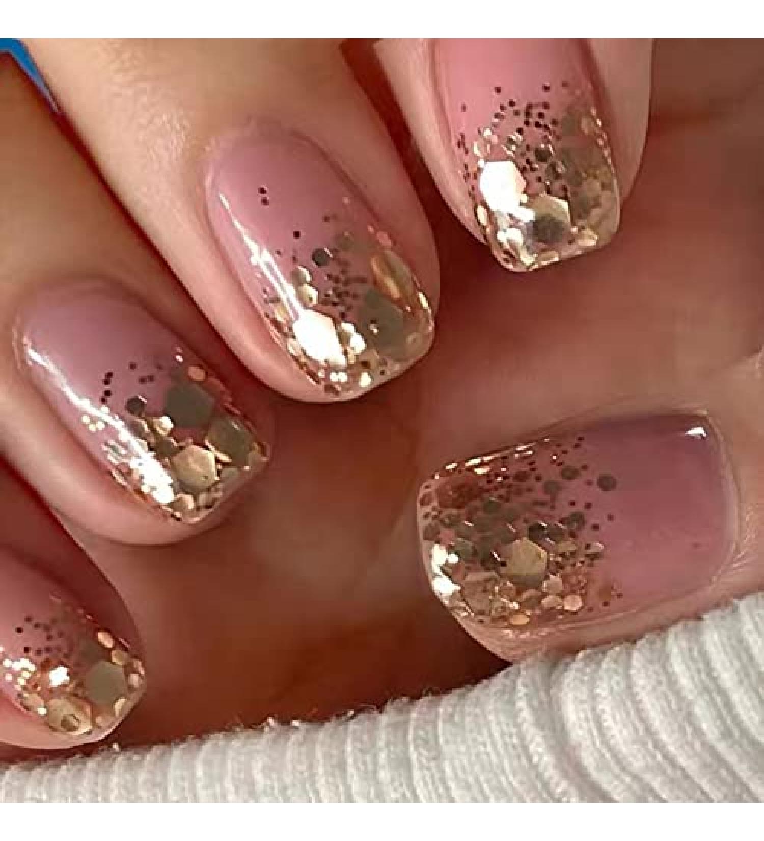 RikView Short Square Pink Press on Nails with Clear Acrylic & Sequins - Set of Fake Nails - Buy Online on SooperMarket.com