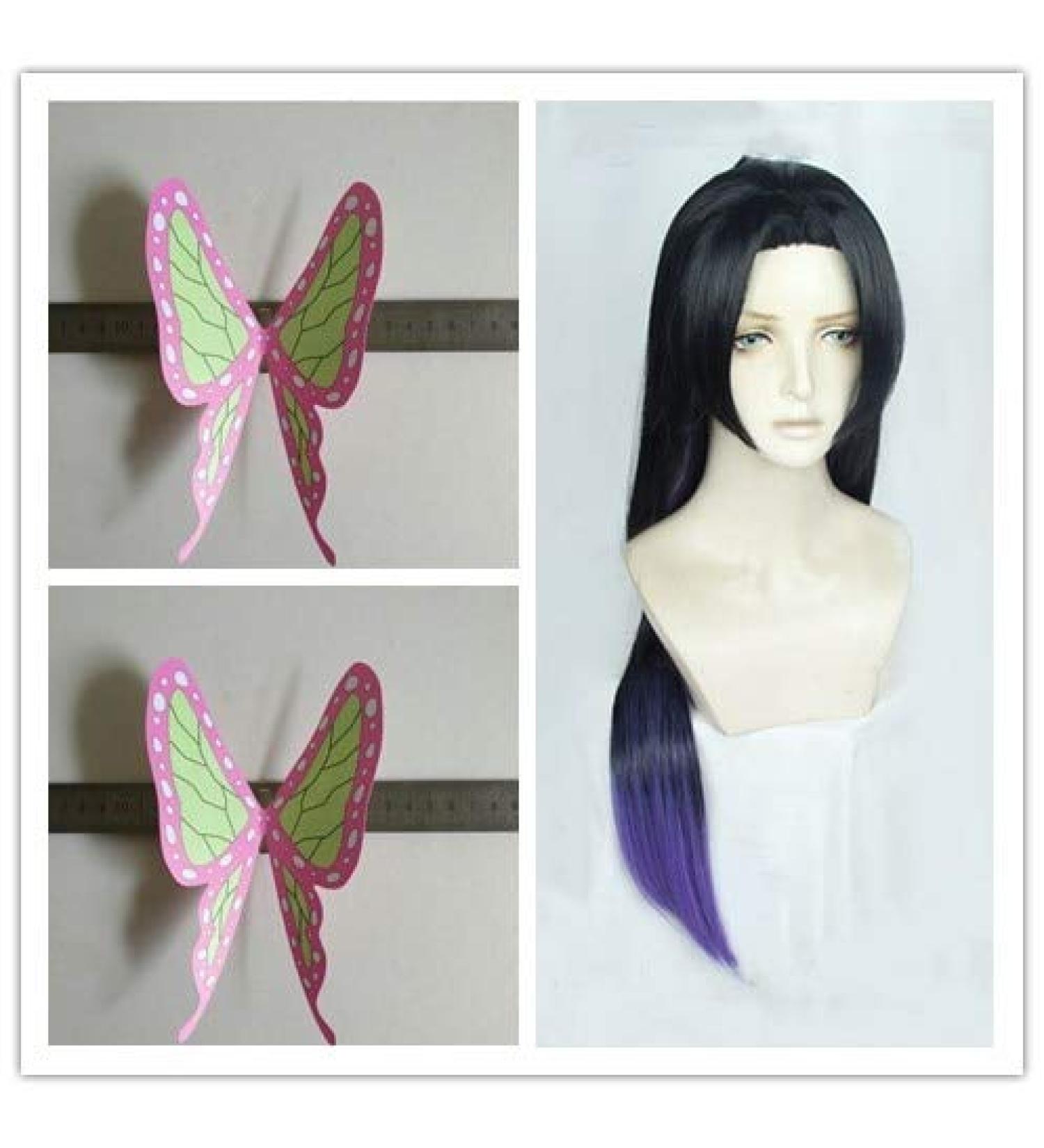 Demon Slayer Kimetsu No Yaiba Kochou Kanae Cosplay Wig Long Heat Resistant Synthetic Hair Wigs + Wig Cap + Butterfly WIG 2 pink butterflies