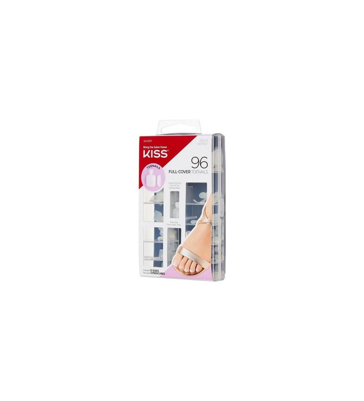 KISS 96 Full Cover Toenails Kit  Long Lasting Fake Nails  DIY Home Manicure Set with Pink Gel Nail Glue 3 g / 0.11 oz. and 96 Fake Toenails in 12 Sizes for up to 4 pedicures 97 Piece Set White