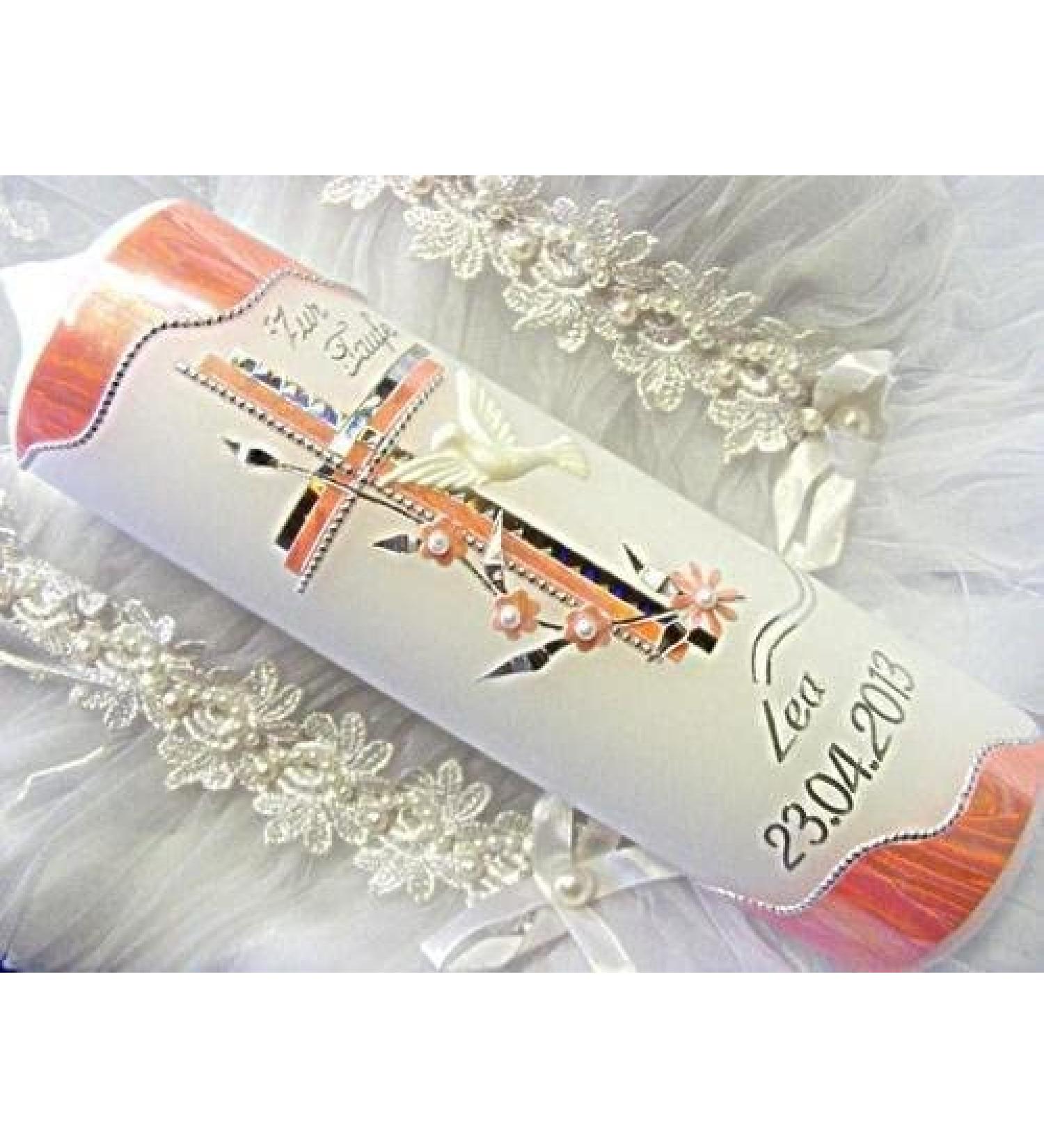 Baptism & Communion Candle for Boys & Girls | Kerzenzauber Lusine 250/70 mm VT-12 | White-Pink | Self-Labeling Accessories - Buy Online on SooperMarket.com