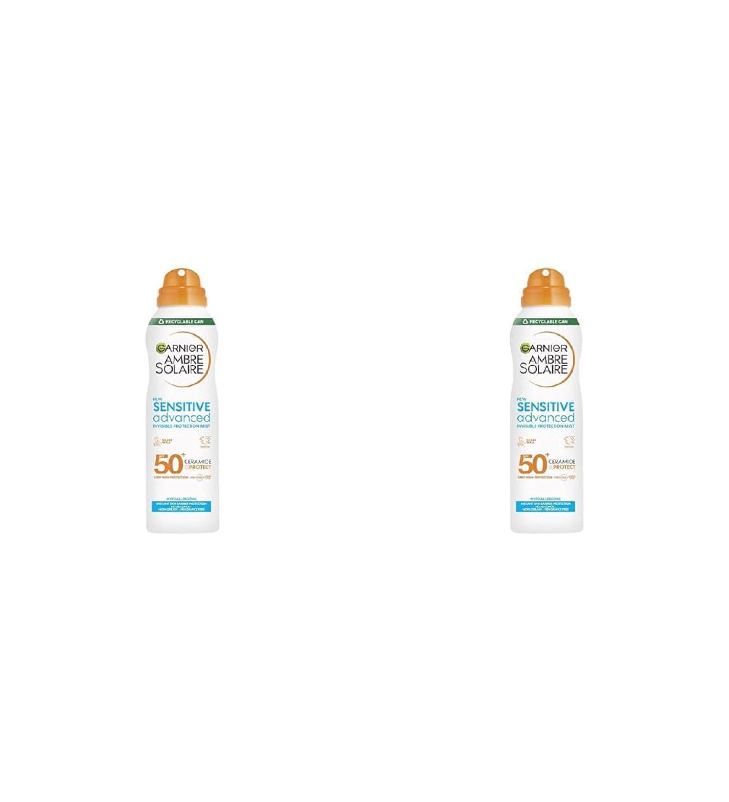 Garnier Ambre Solaire SPF 50+ Sensitive Advanced Dry Mist Sun Cream Spray Water Resistant & Non Greasy Sunscreen Fragrance Free UVA & UVB Protection Approved by Cruelty Free International 150ml 150 ml (Pack of 2) - Buy Online on SooperMarket.com