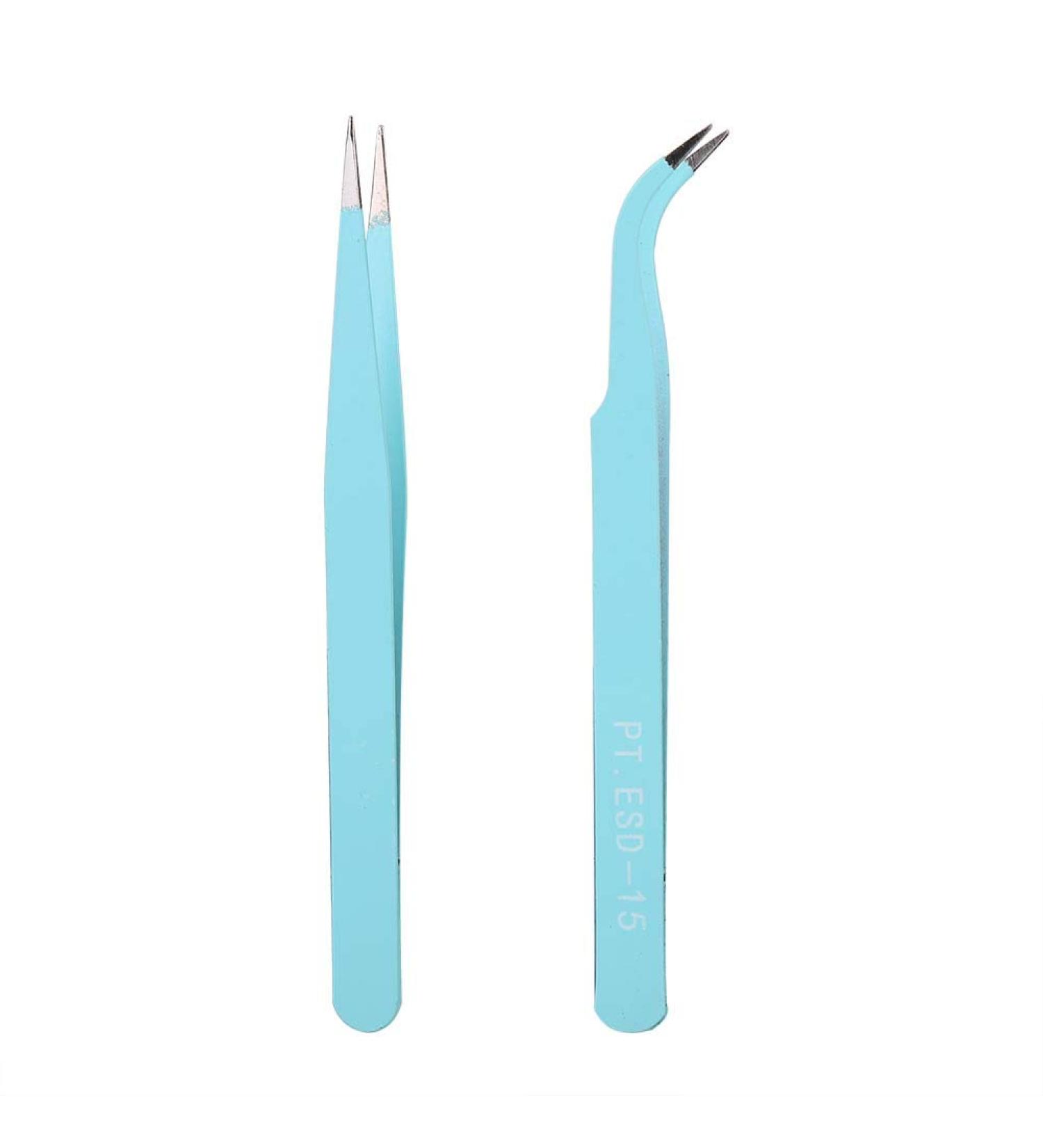 Stainless Steel Nail Art Tweezers Anti Static Straight Curved Head Accurate Manicure Picking Rhinestone Metal Accessory Pick Up Durable and Exquisite (Blue) - Buy Online on SooperMarket.com