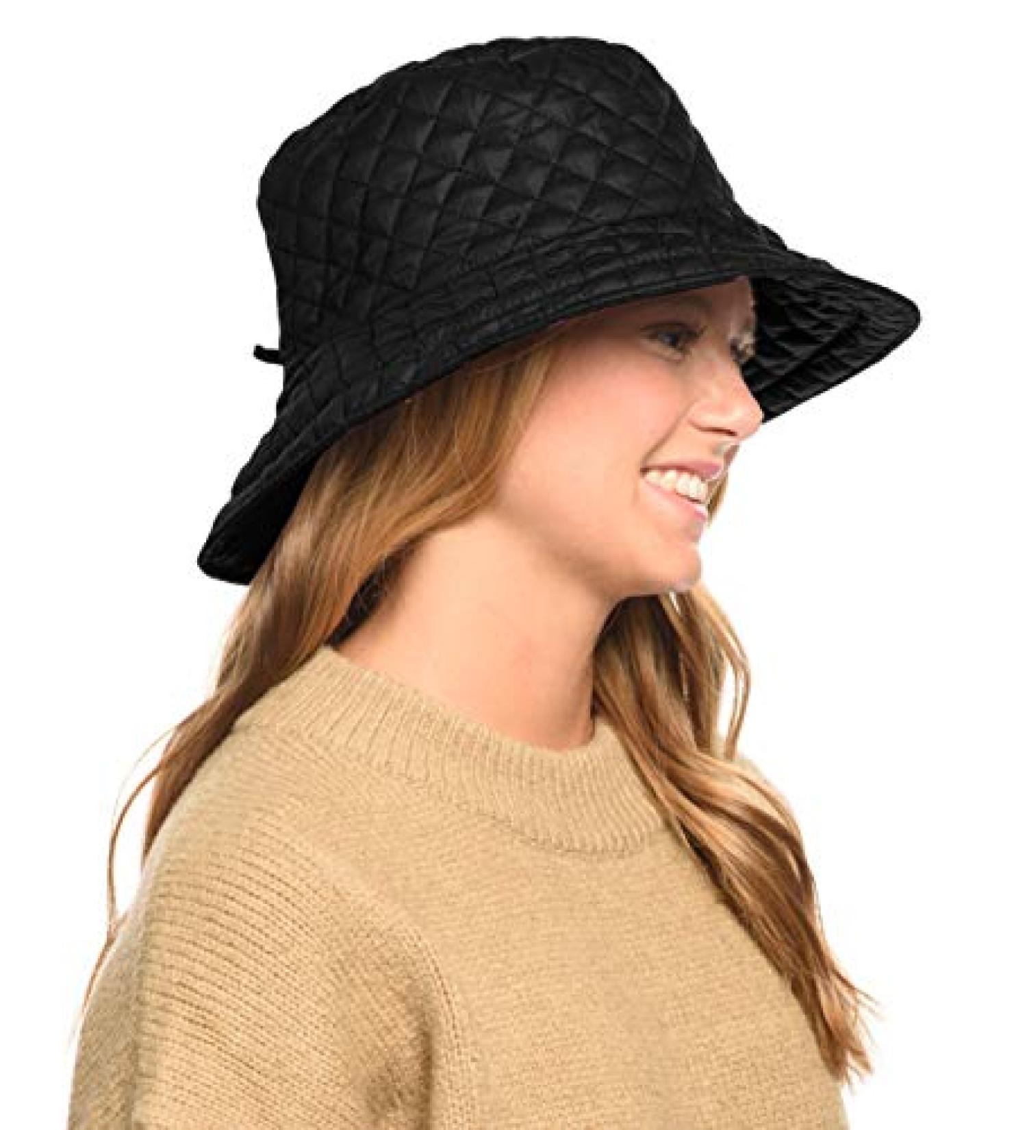 Foldable Water Repellent Quilted Rain Hat - Adjustable Drawstring Bucket Cap | Black - Buy Online on SooperMarket.com