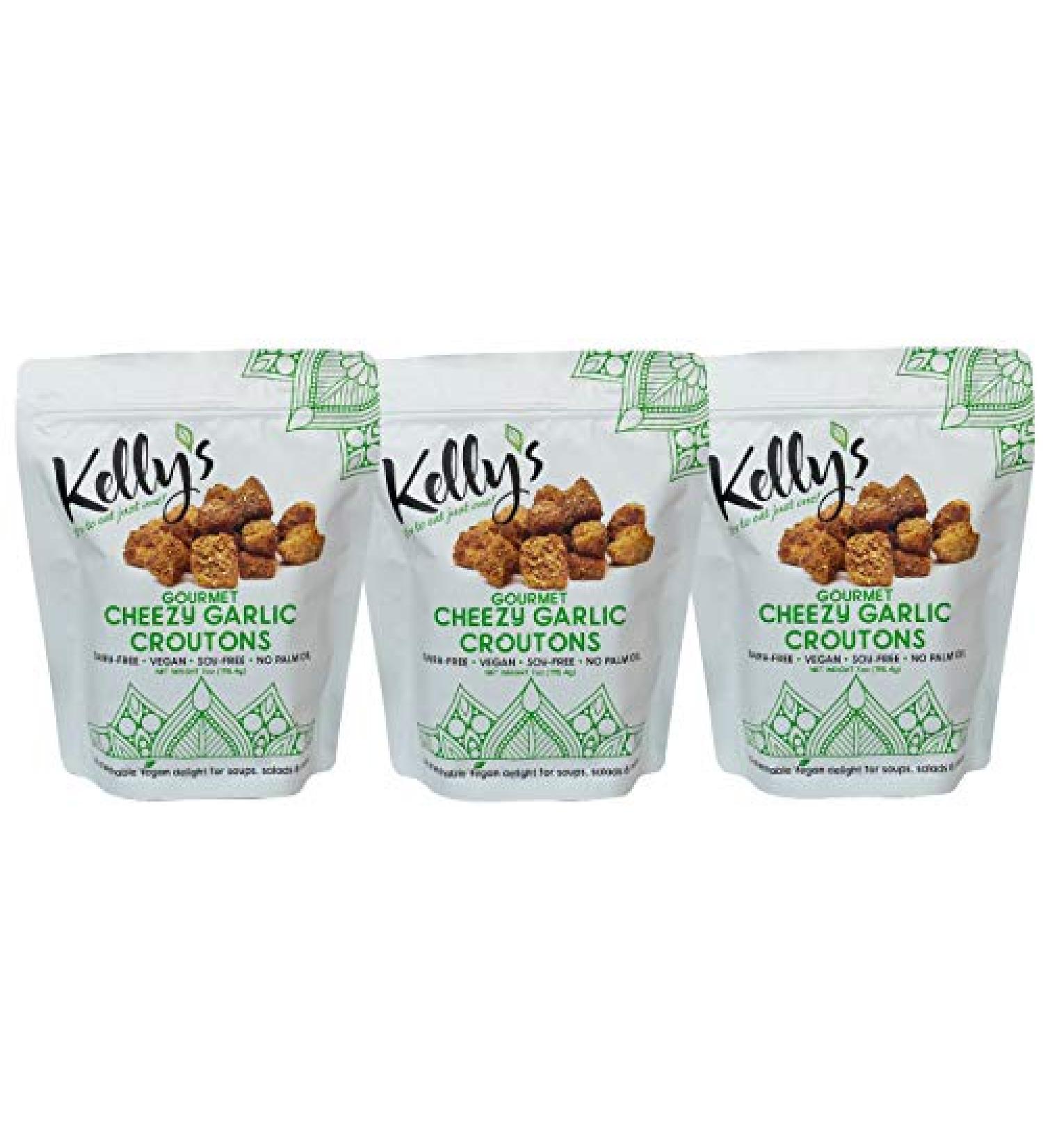 Kelly's Croutons Gourmet Cheezy Garlic 3-Pack 7oz - Vegan, Dairy-Free, Soy-Free - No Palm Oil - Buy Online on SooperMarket.com
