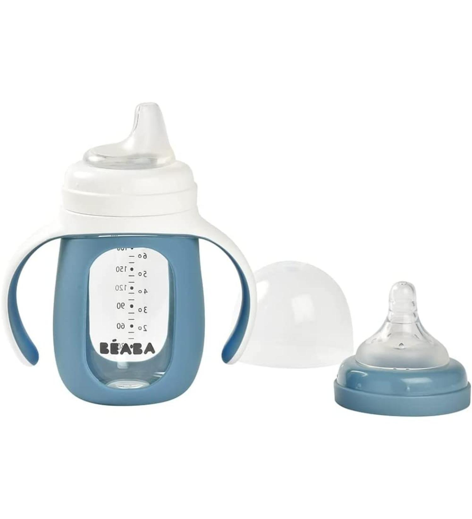 B ABA 2 in 1 Drinking Cup - 210ml Glass with Silicone Cover Waterproof Removable Handles - Windy Blue - Buy Online on SooperMarket.com