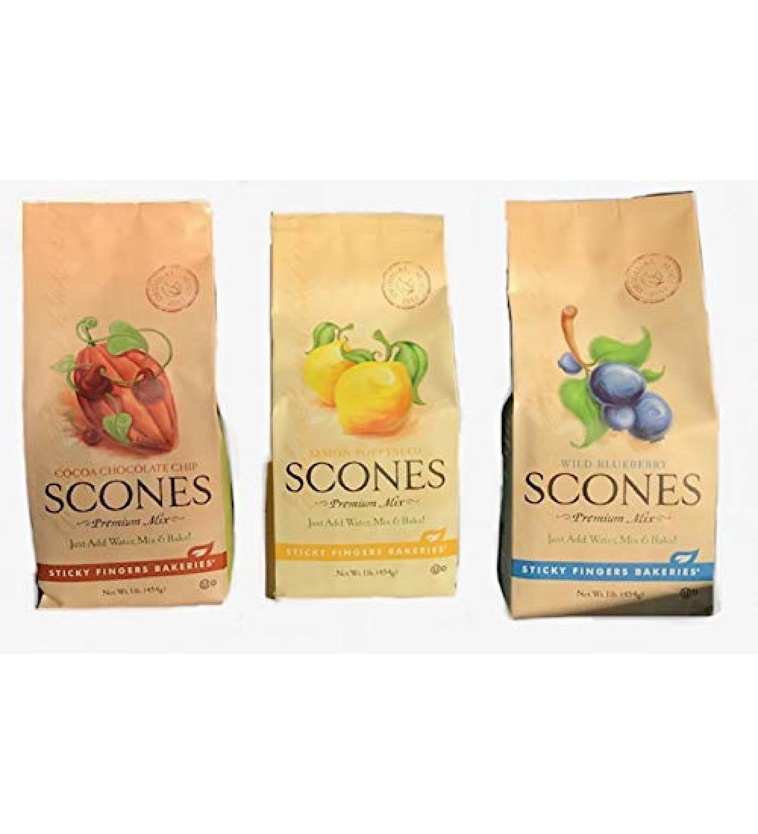 Sticky Fingers Bakeries Premium Scone Variety Mix - Lemon Poppyseed, Wild Blueberry, Cocoa Chocolate Chip (Pack of 3) - Buy Online on SooperMarket.com