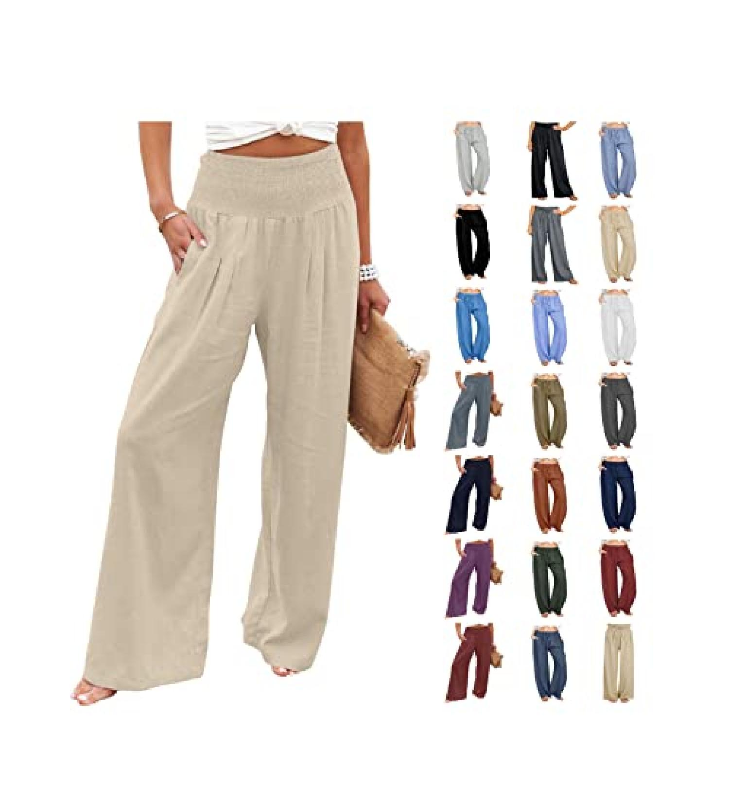 TUNUSKAT Women's Cotton Linen Wide Leg Palazzo Pants with Pocket - Medium, Khaki - Buy Online on SooperMarket.com