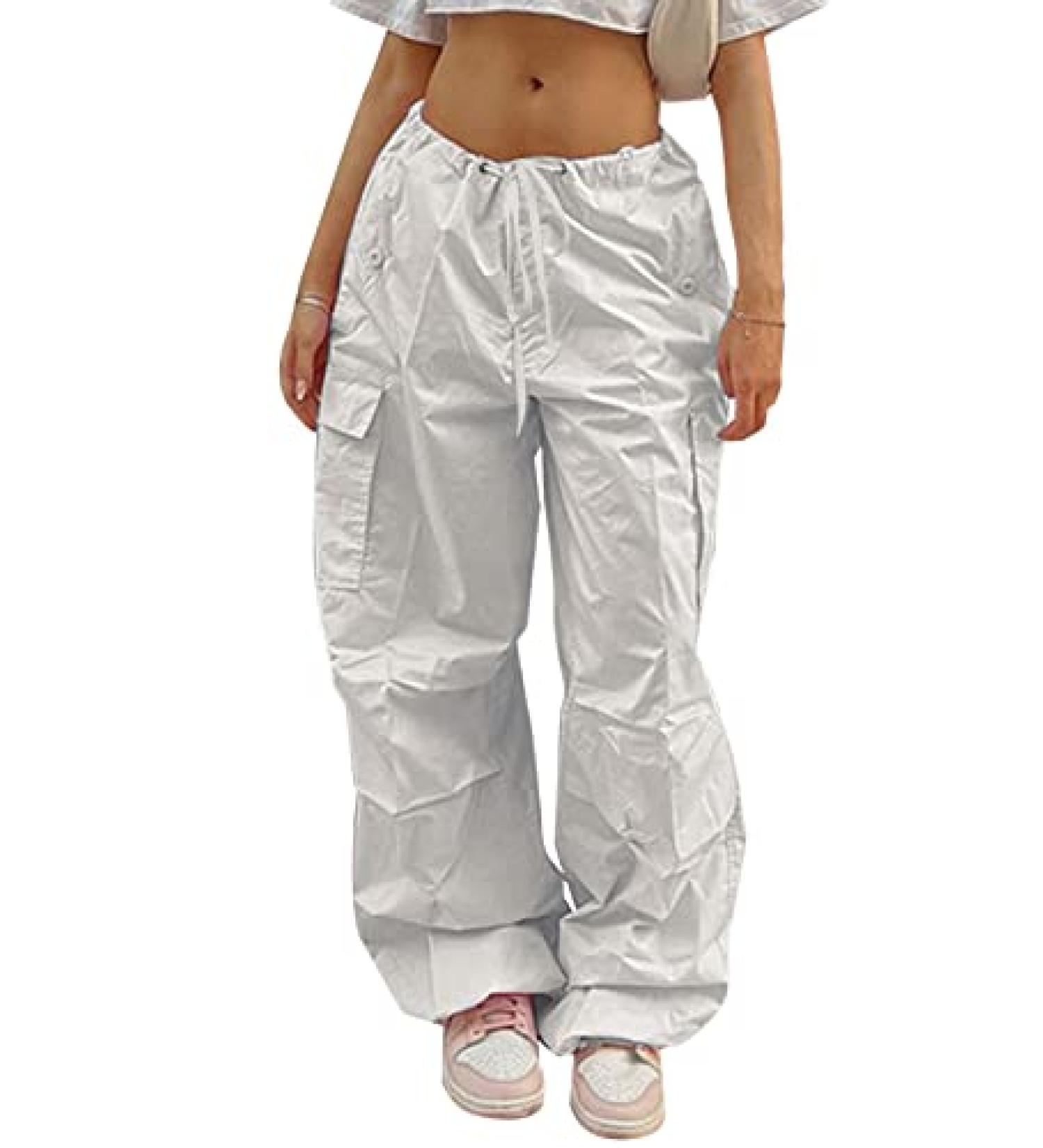 FEOYA Women Baggy Cargo Pants Drawstring Loose Straight Leg Hip Hop Parachute Pant - Y2K Egirl Joggers - White (Size Small) - Buy Online on SooperMarket.com
