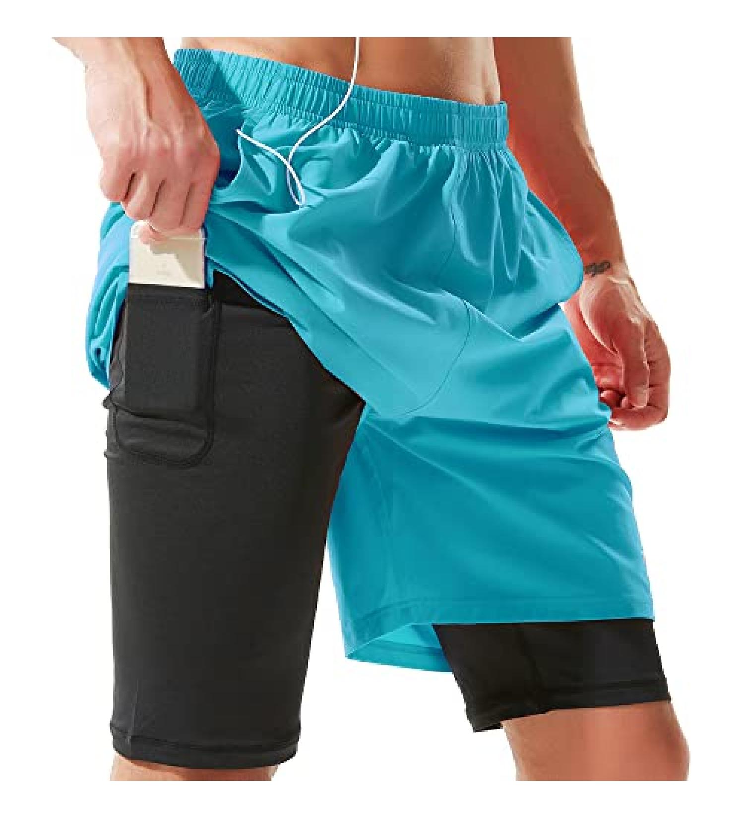 TENJOY Men's 2 in 1 Running Shorts - Quick Dry Athletic Workout Shorts with Phone Pockets (Light Blue, Large) - Buy Online on SooperMarket.com