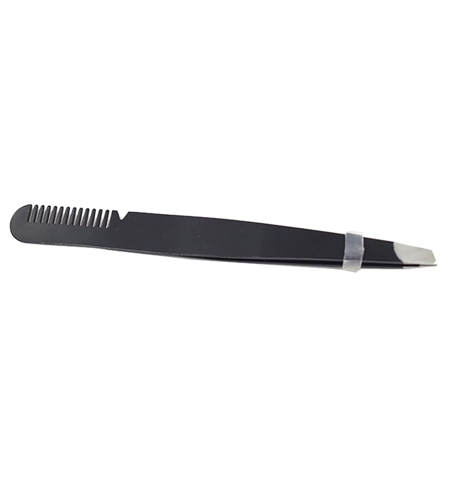 Multi-Purpose Stainless Steel Eyebrow Tweezers - Ergonomic Precise Slanted Tip & Comb - Black - Buy Online on SooperMarket.com