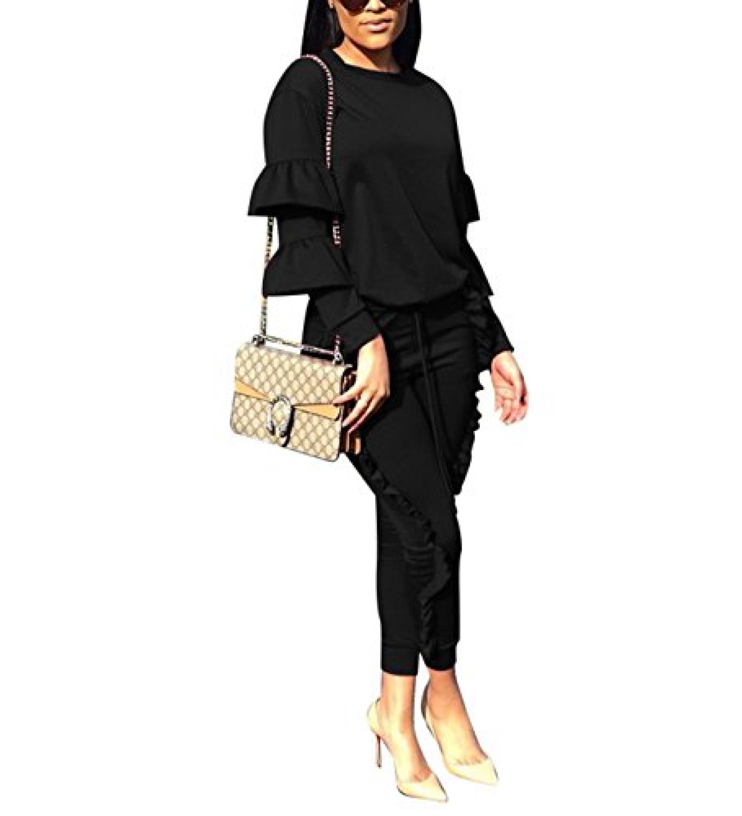 KANSOON Women 2-Piece Puff Sleeve Top & Flounced Pants Sweatsuit Set - Buy Online on SooperMarket.com