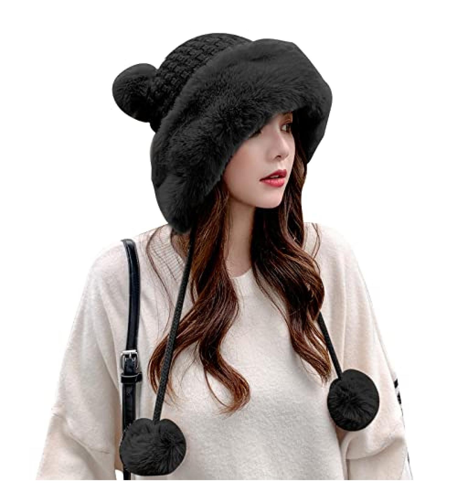 Peicees Women's Winter Fluffy Bomber Hat with Fur Pompom - Black - Buy Online on SooperMarket.com