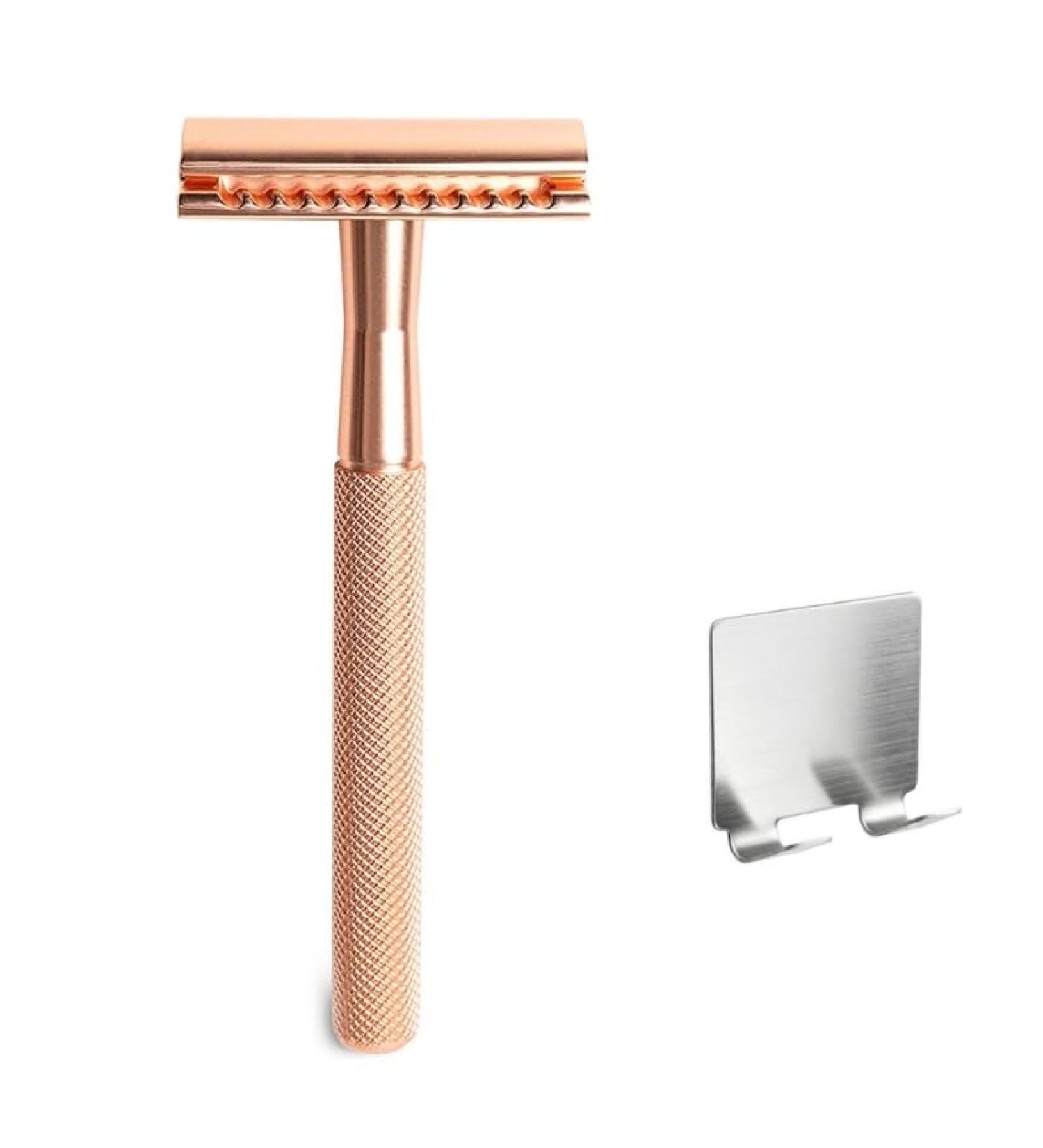 Oueyfer Double-Sided Safety Razor - Premium Zinc Alloy & Metal Handle for Effortless Hair Removal - Stylish Rose Gold with Bracket - Buy Online on SooperMarket.com
