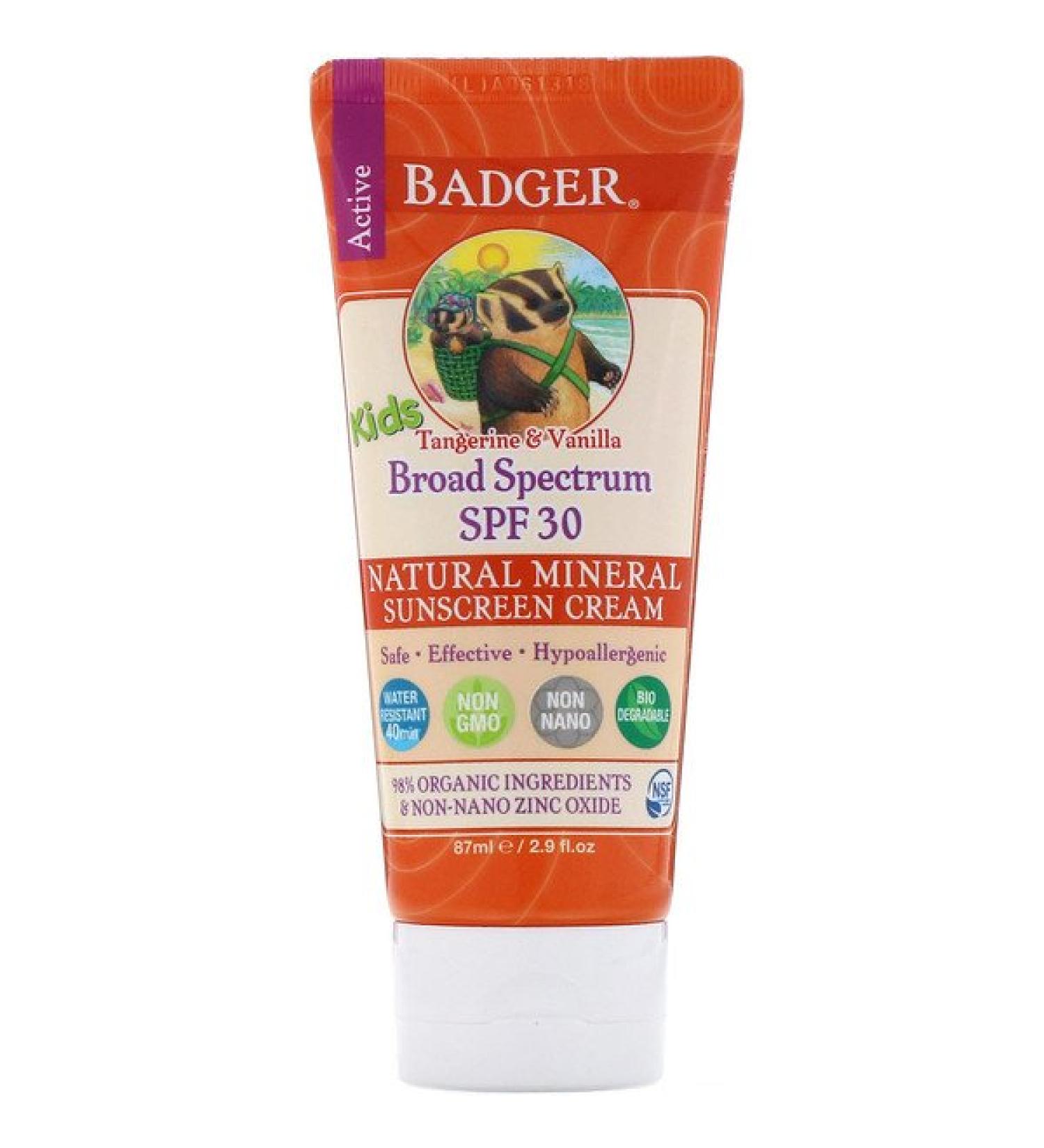 Badger Company Active Kids Natural Mineral Sunscreen Cream SPF 30 PA+++ Tangerine & Vanilla 2.9 fl oz (87 ml)