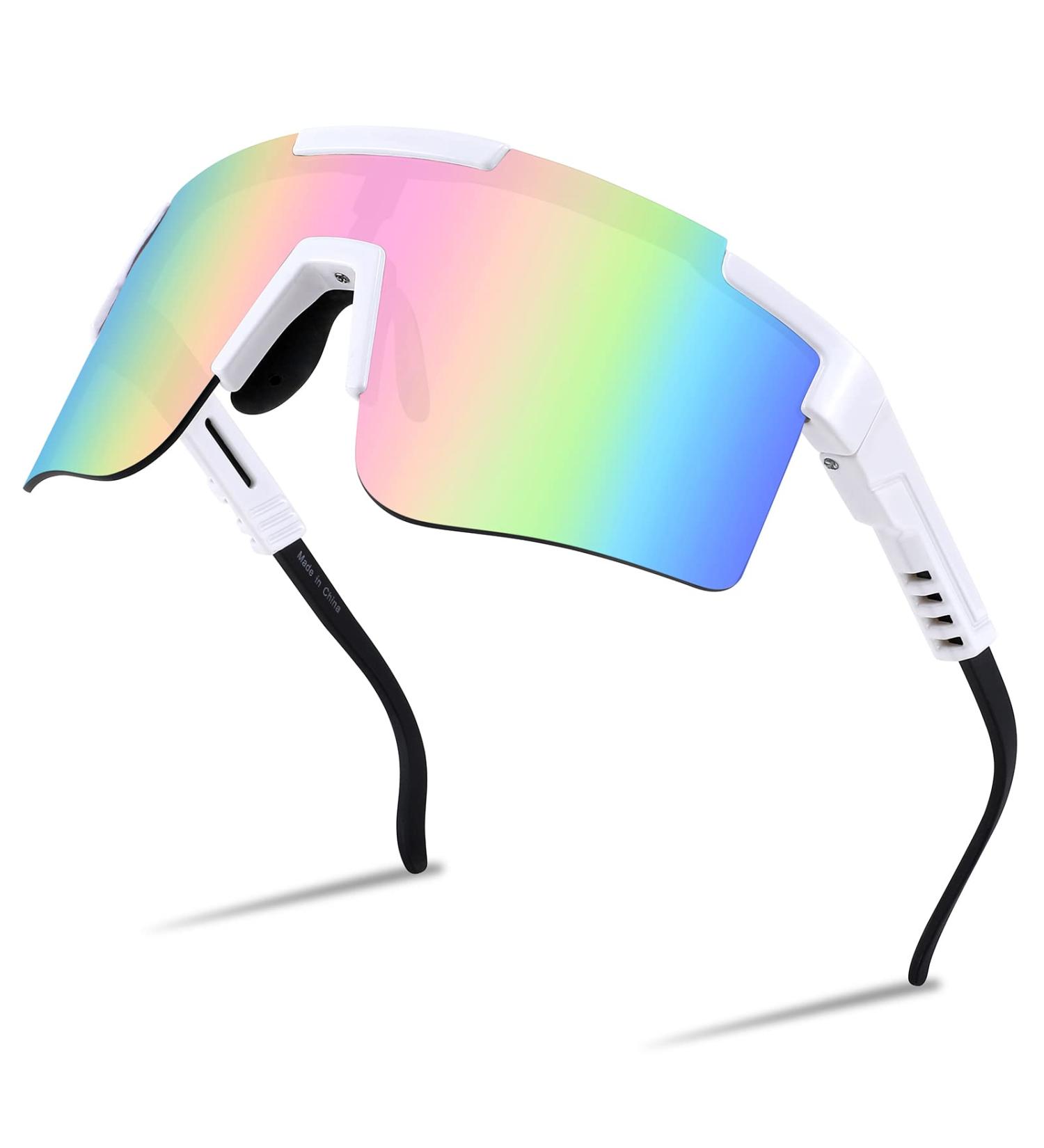 FEISEDY Wraparound Sports Sunglasses | Rainbow-Mirror Shield | Adjustable Legs | 75mm Lens - Buy Online on SooperMarket.com
