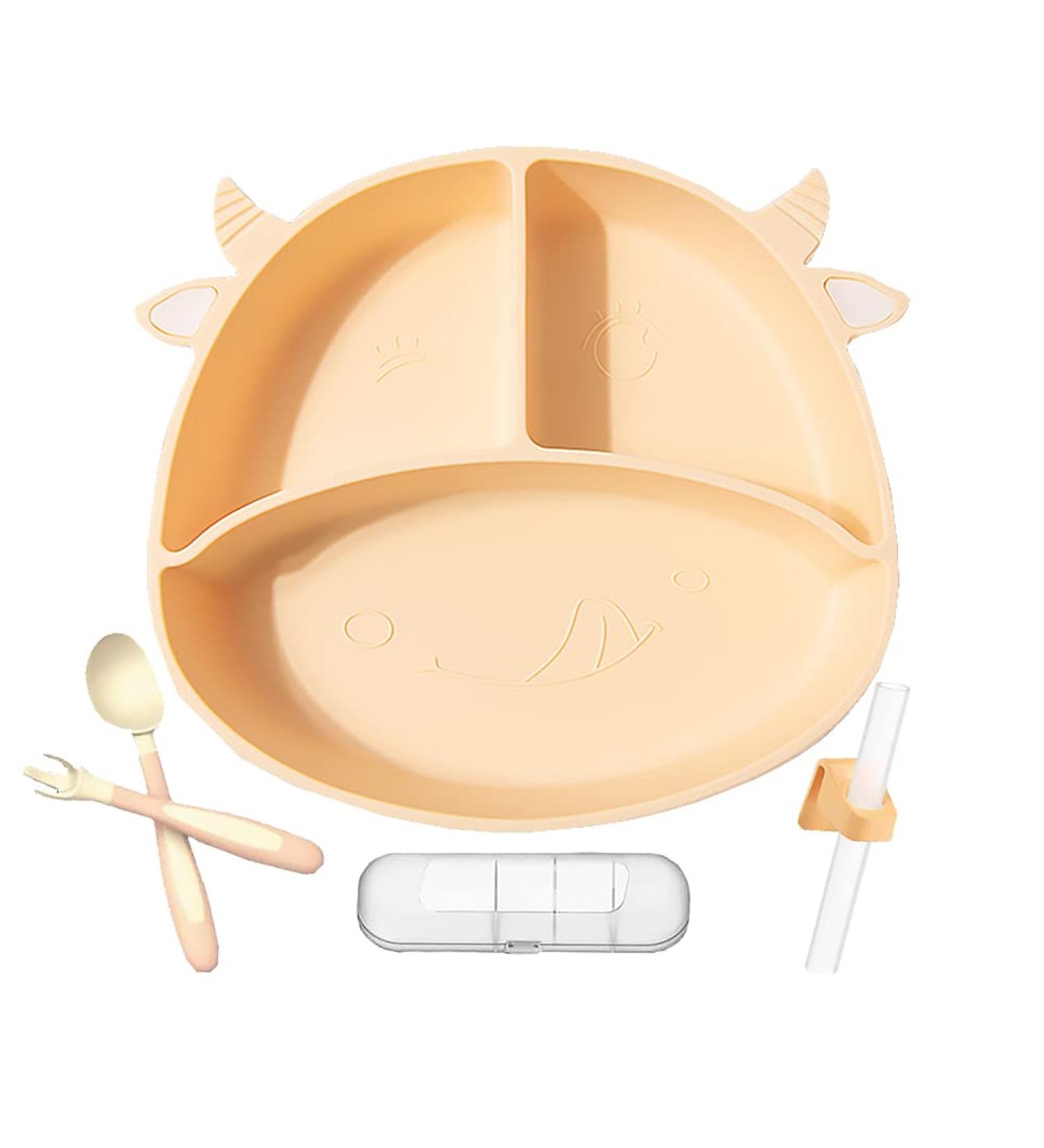 Baby Suction Plate Set - Non-Slip Silicone Divided Placemat with Fork & Spoon - Yellow - Buy Online on SooperMarket.com