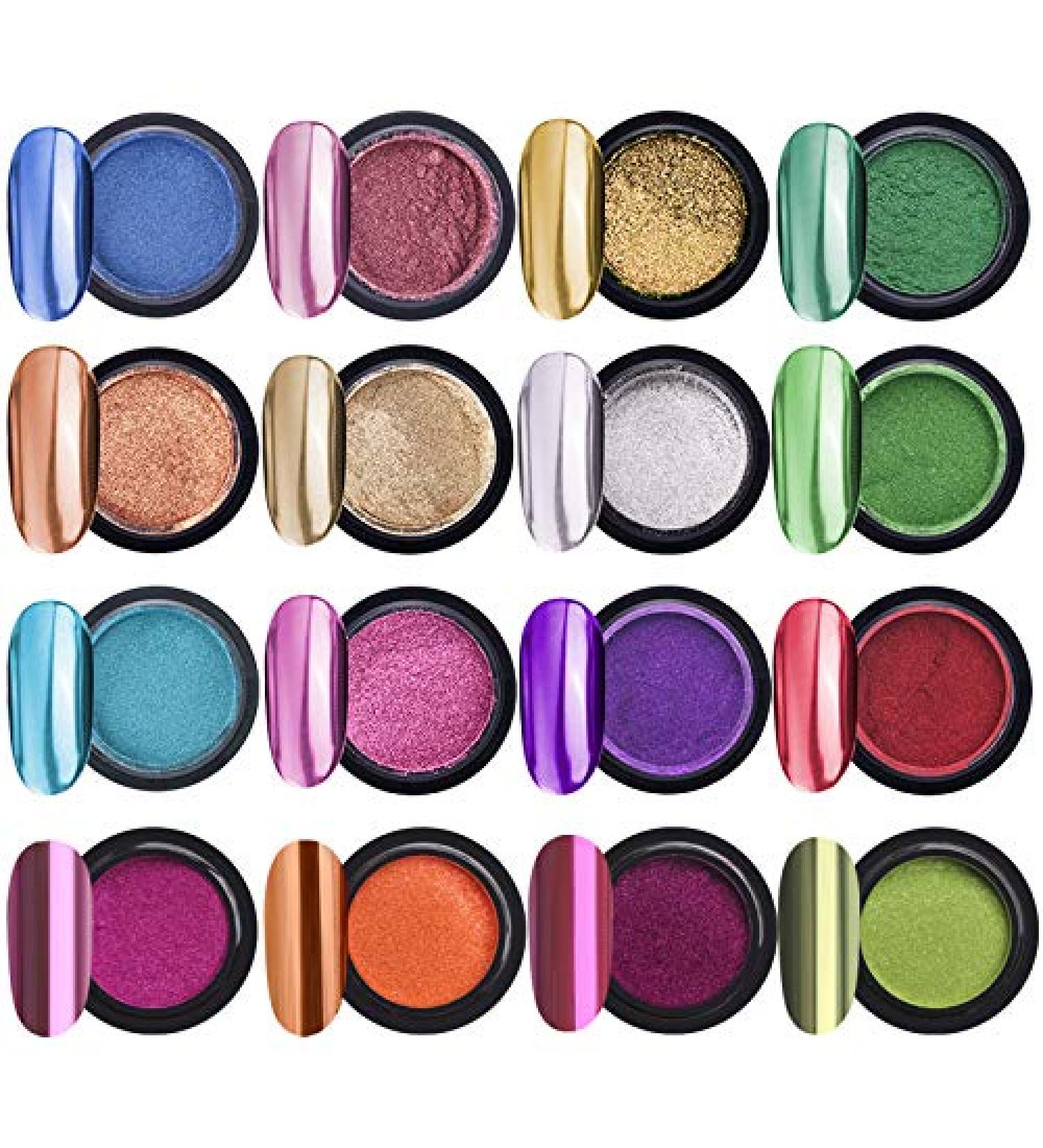 Peowuieu 16 Glasses Chrome Nail Powder Metallic Nail Art Powder Effect Manicure Pigment with 16 Pieces Eyeshadow Sticks - Buy Online on SooperMarket.com