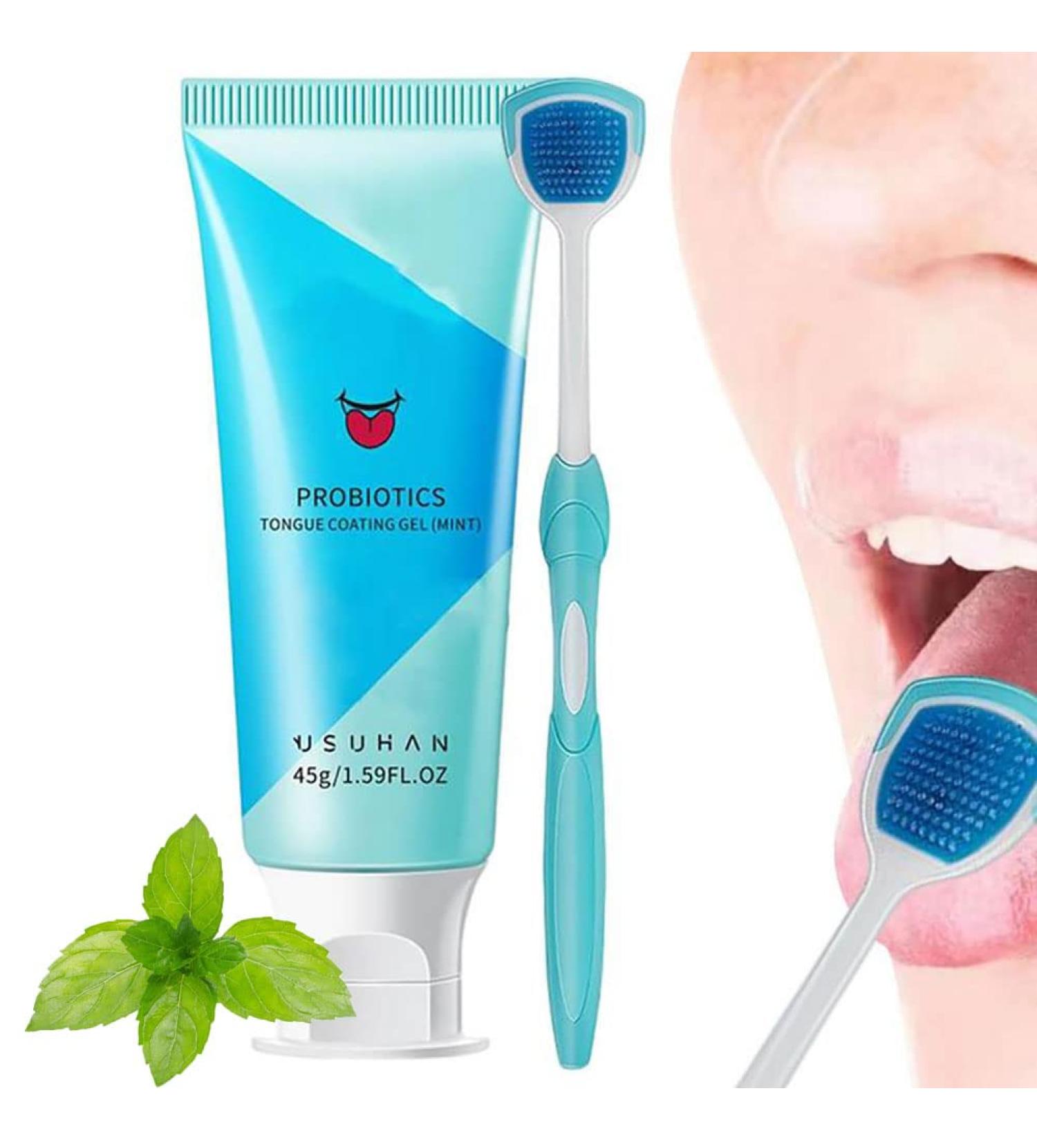 Probiotic Tongue Cleaning Gel Set with Tongue Scraper and Brush Kit - Mint Flavor | Oral Hygiene Brush and Tongue Cleaner Set - Buy Online on SooperMarket.com