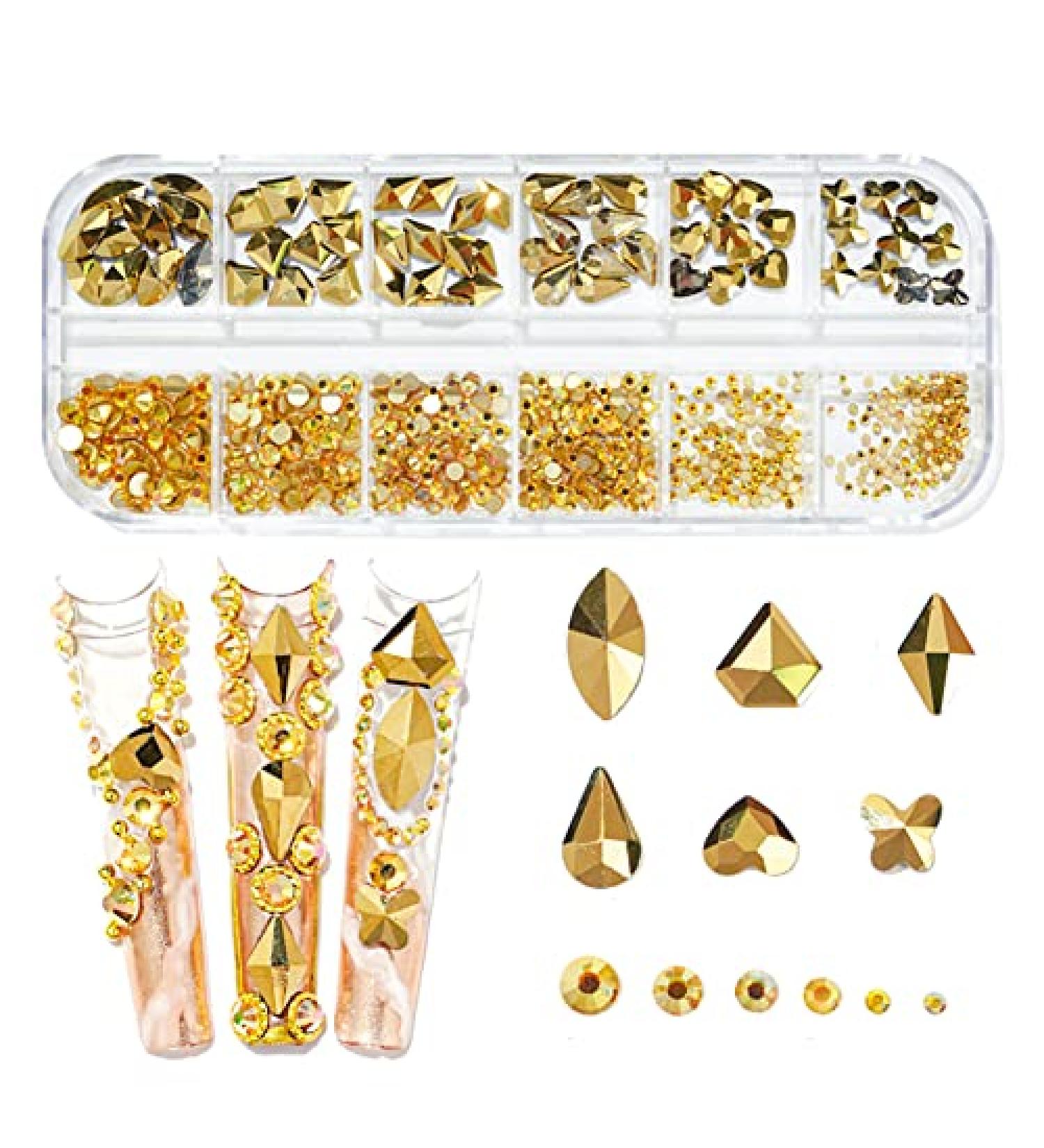 735 Pieces Gold Nail Rhinestones for Acrylic Nails - 3D Nail Diamonds Art Decoration DIY (Gold AB) - Buy Online on SooperMarket.com
