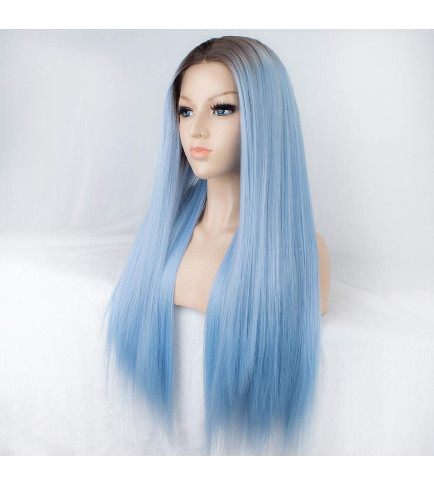SHIYID Blue Wig for Women | Synthetic Lace Front Wig with Brown Roots | Long Straight Light Blue Hair - Buy Online on SooperMarket.com