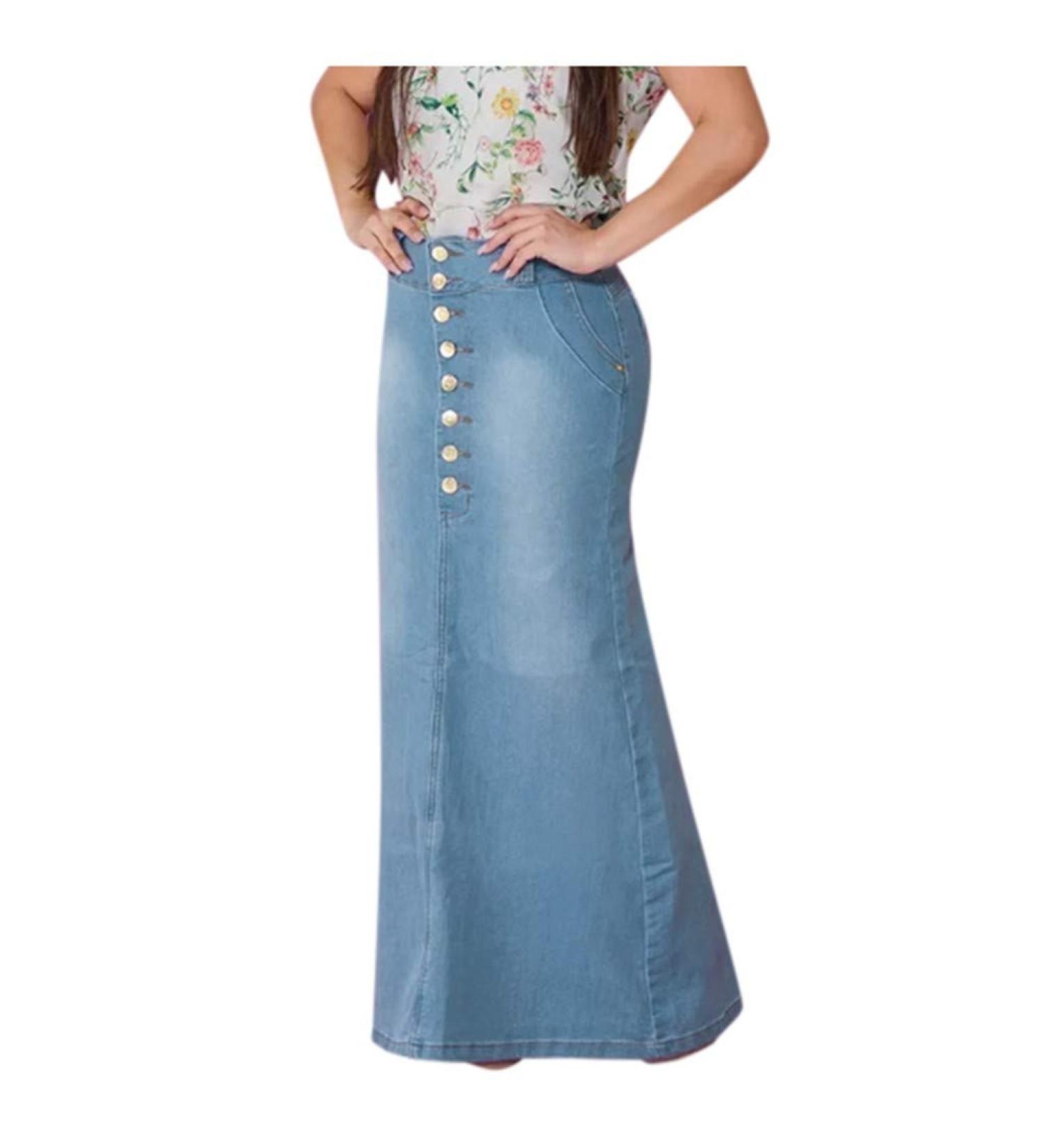 Womens Casual High Waist Denim A-Line Long Jean Skirt - Light Blue - Buy Online on SooperMarket.com