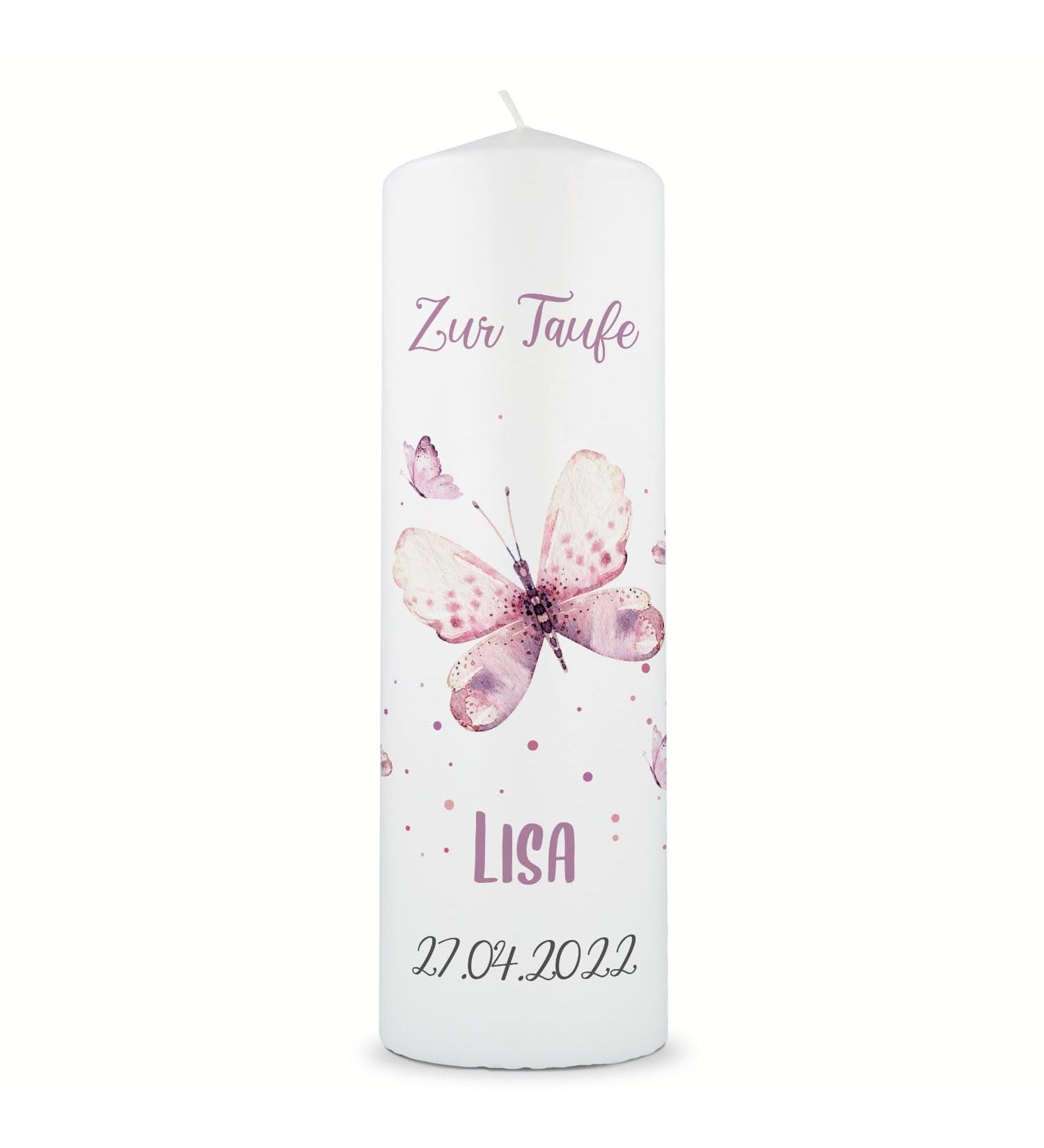 Brilliant Gravure Printed Christening Candle - Personalized Baptism Gift for Girls & Boys - High-Quality 250/80 mm Pink Butterfly Design - Buy Online on SooperMarket.com