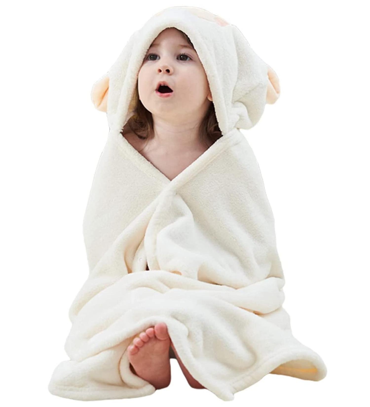 Hilmocho Baby Hooded Bath Towel | Soft Coral Velvet Swaddle Blanket for Infants | Absorbent Shower and Swimming Towel | White Sheep Design - Buy Online on SooperMarket.com