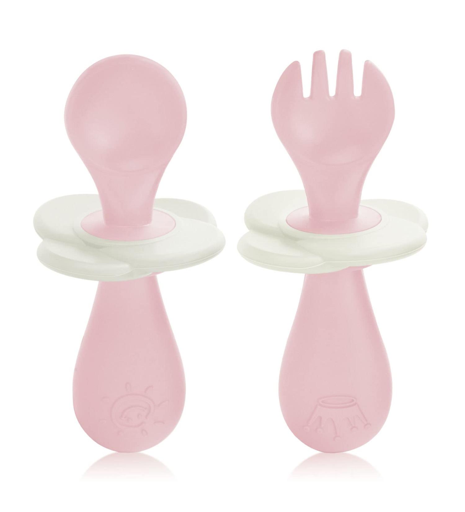 Vicloon Baby Fork and Spoon Set - 2 Pcs Infant Silicone Training Utensils for Baby Led Weaning - Self Feeding Learning Spoons - Pink - Buy Online on SooperMarket.com