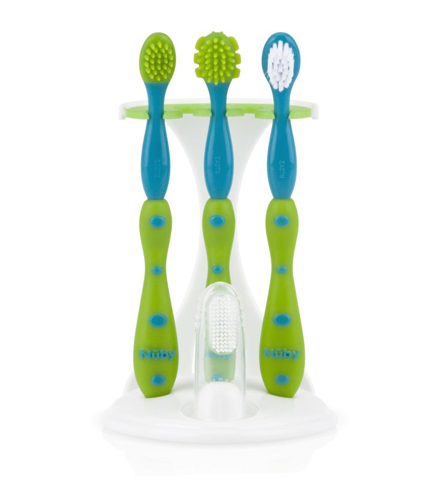 Nuby 4-Stage Oral Care Set - Silicone Finger Massager, 2 Massaging Brushes, Toddler Toothbrush - Green/Aqua 4 Piece Set - Buy Online on SooperMarket.com