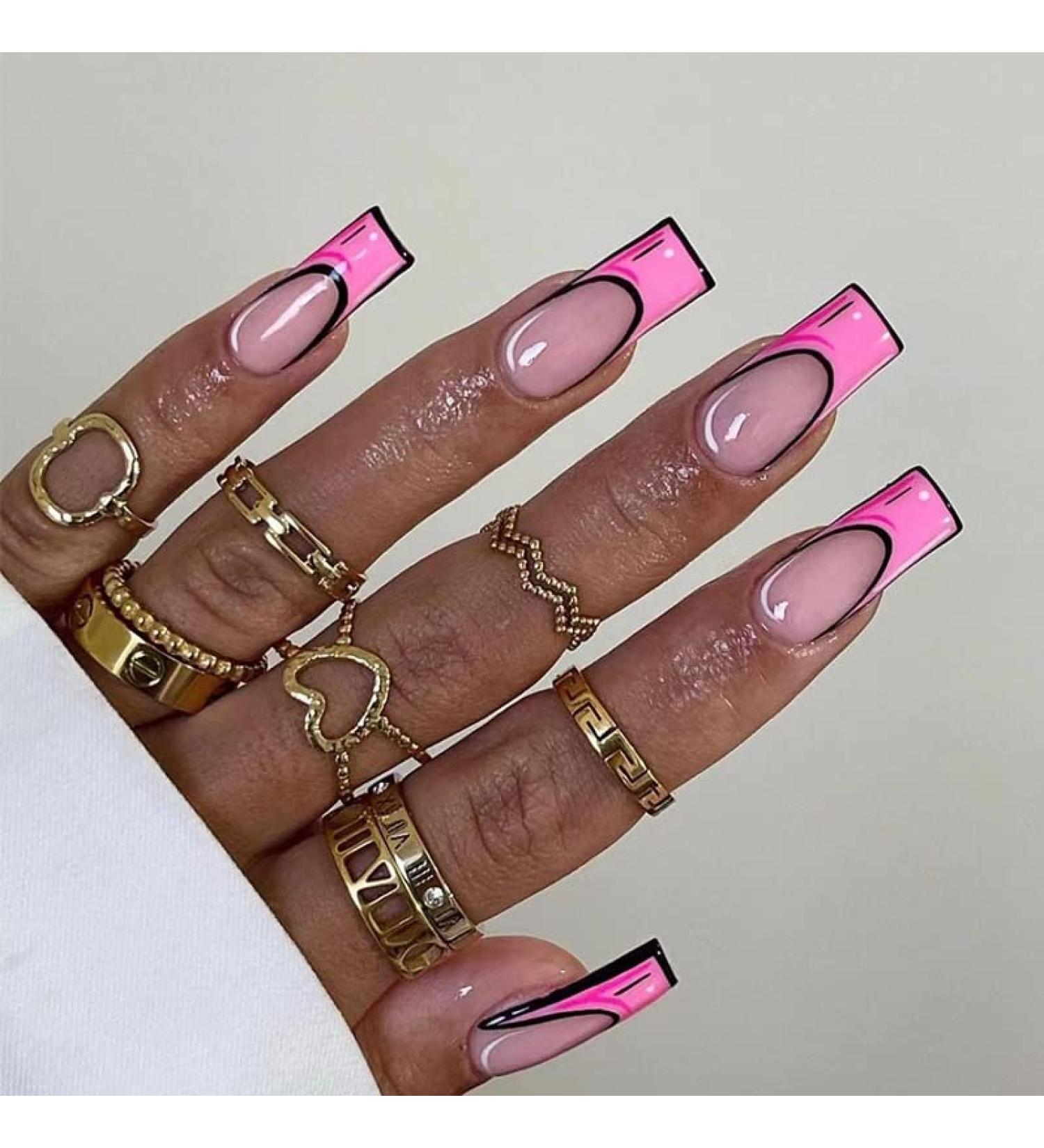 24 Piece Pink Comic Long Press on Nails for Women - French Acrylic False Nails with Cartoon Design - Includes Adhesive Tabs for Easy Manicure Decoration - Buy Online on SooperMarket.com