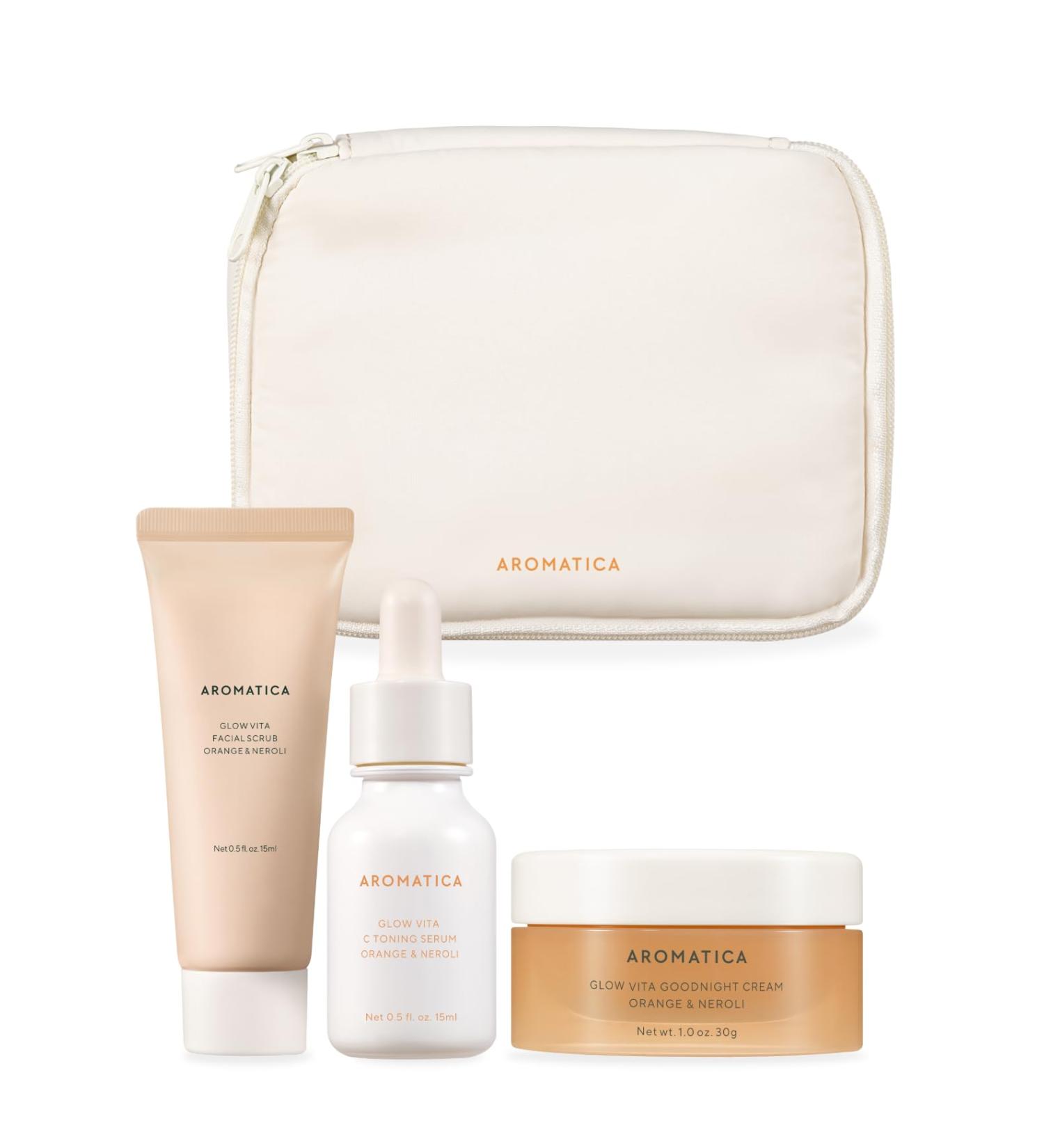 AROMATICA Glow Vita Trial Kit - Travel Size Vitamin C Serum Facial Scrub & Retinol Goodnight Cream - Perfect Gift Set for Radiant Glass Skin - Buy Online on SooperMarket.com