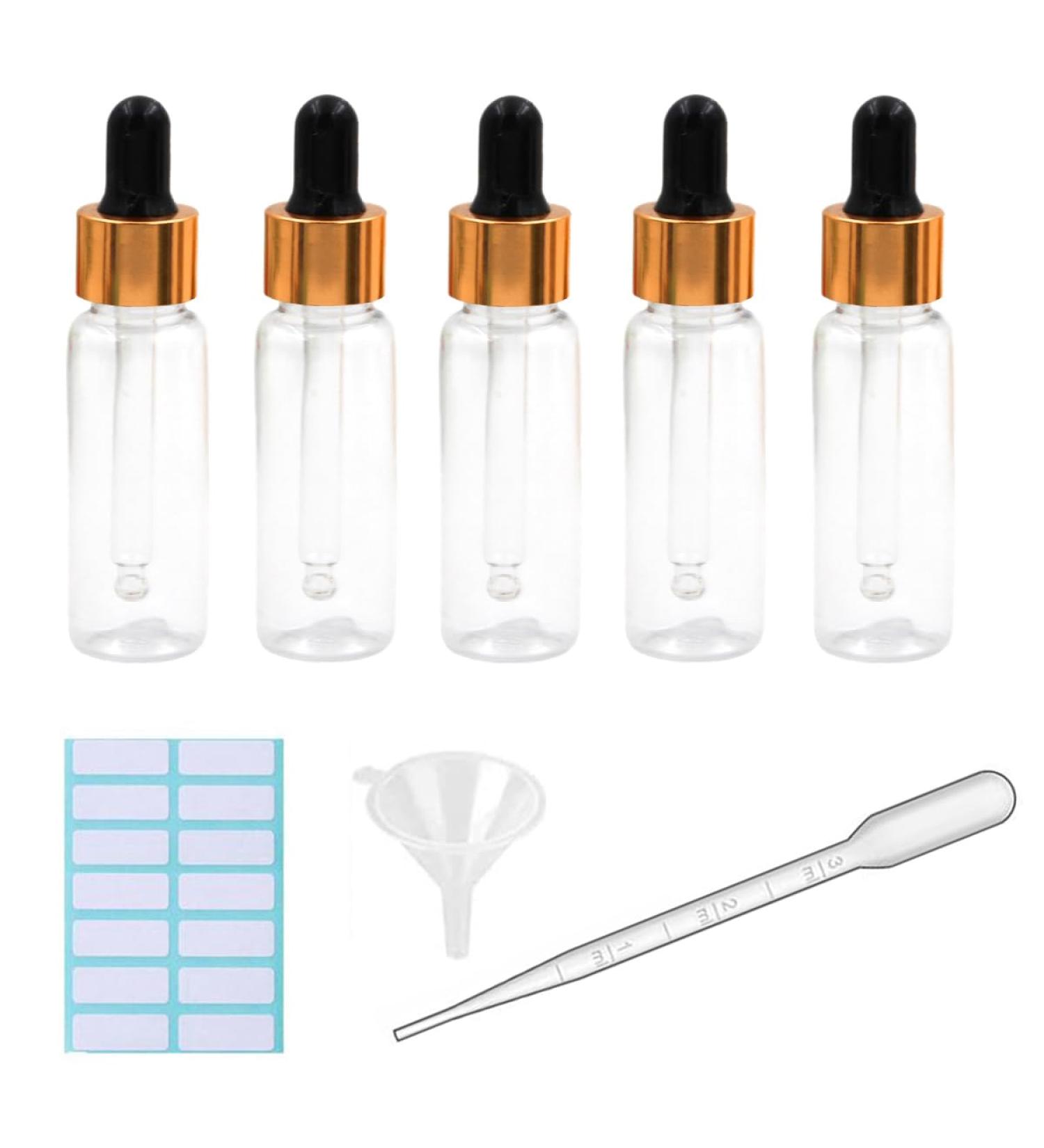 5Pcs Transparent Dropper Bottle 20ML Plastic Eye Dropper Bottles for Essential Oil Pipette Refillable - with Measured Pipette Funnel and Labels (Black + Gold Cap) 20ml Black + Gold Cap - Buy Online on SooperMarket.com